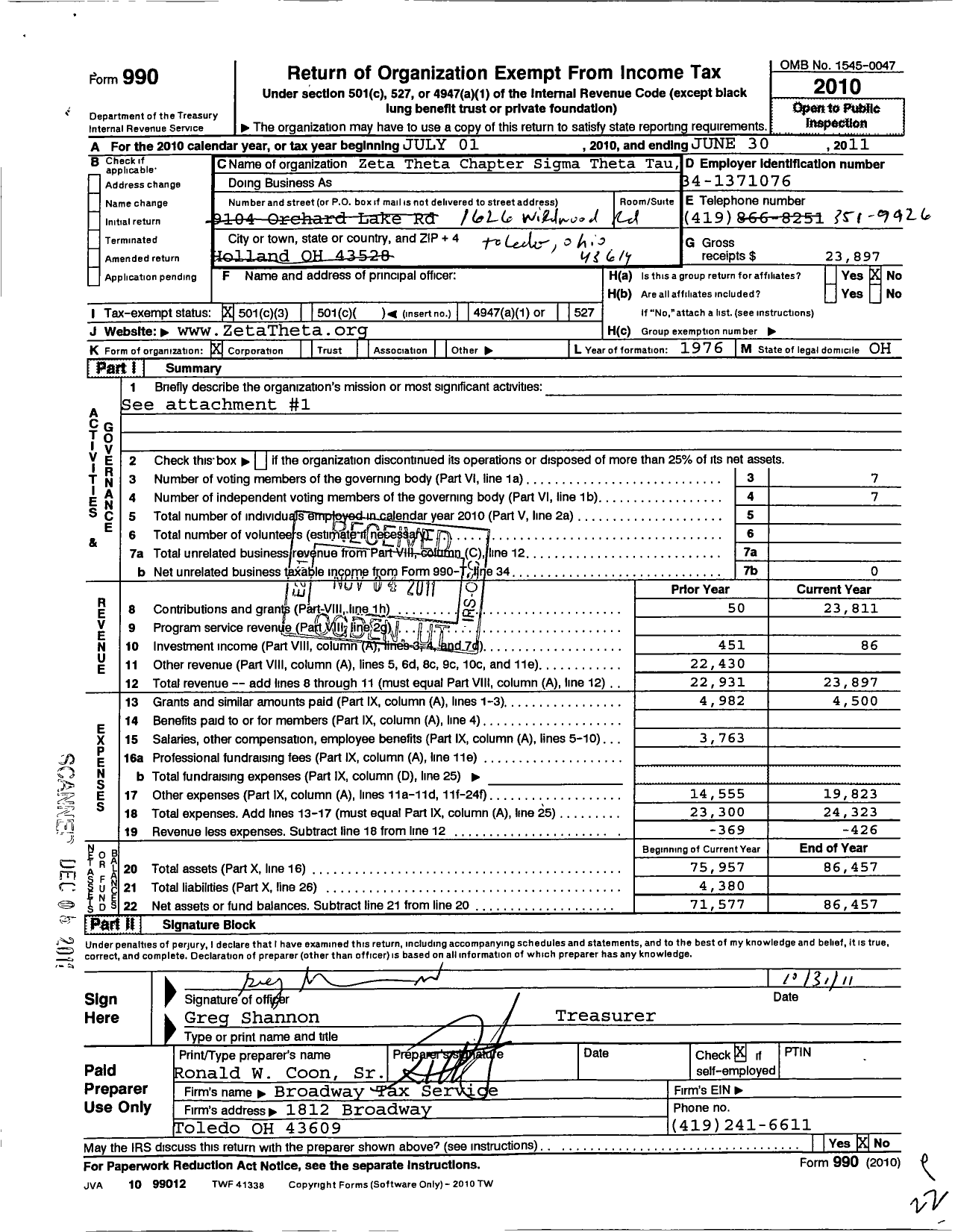 Image of first page of 2010 Form 990 for Sigma Theta Tau - 150 Zeta Theta Chapter-At-Large