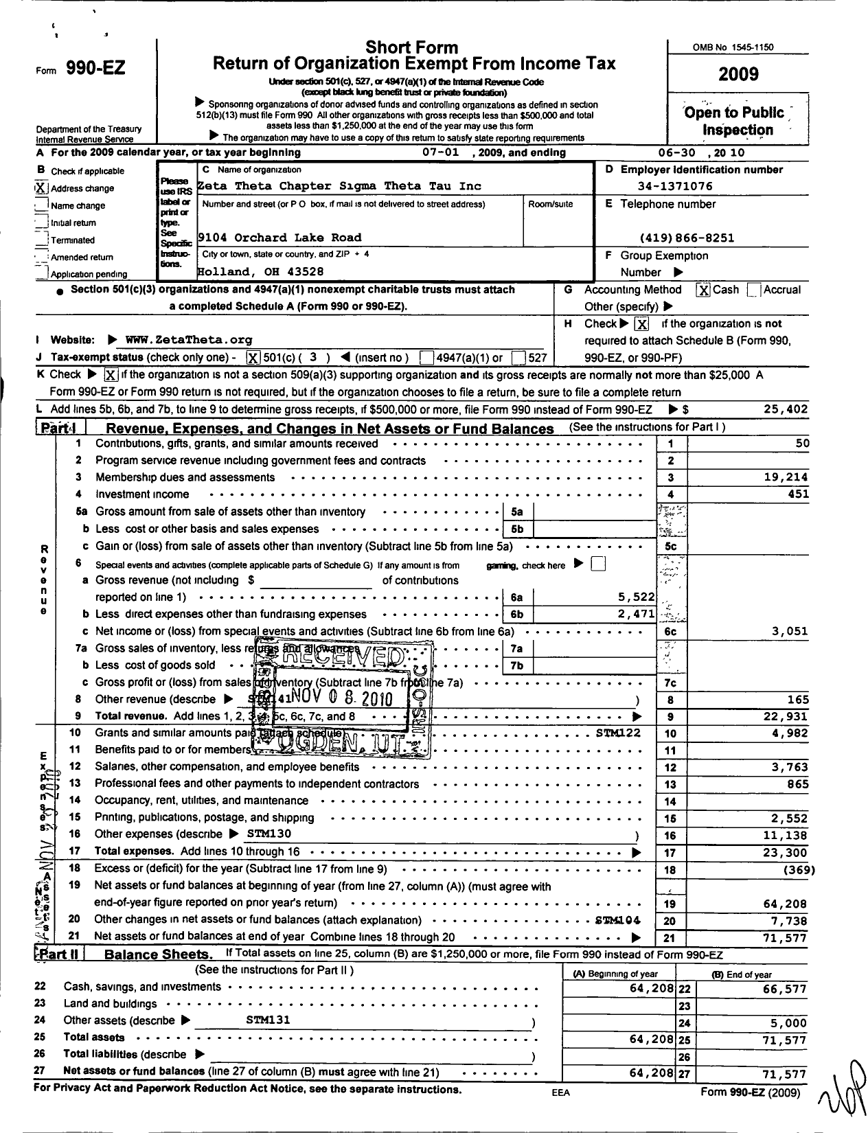 Image of first page of 2009 Form 990EZ for Sigma Theta Tau - 150 Zeta Theta Chapter-At-Large