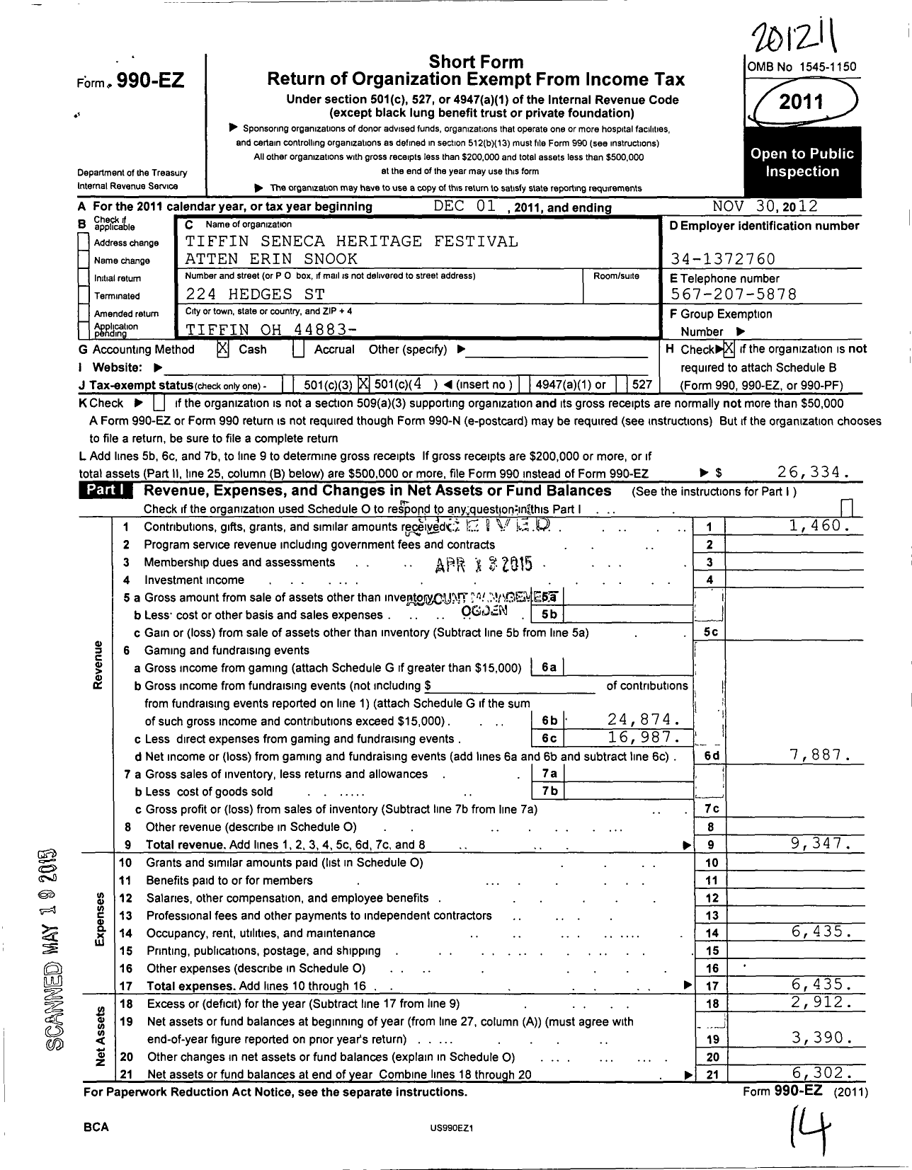 Image of first page of 2011 Form 990EO for Tiffin Seneca Heritage Festival Incorporated