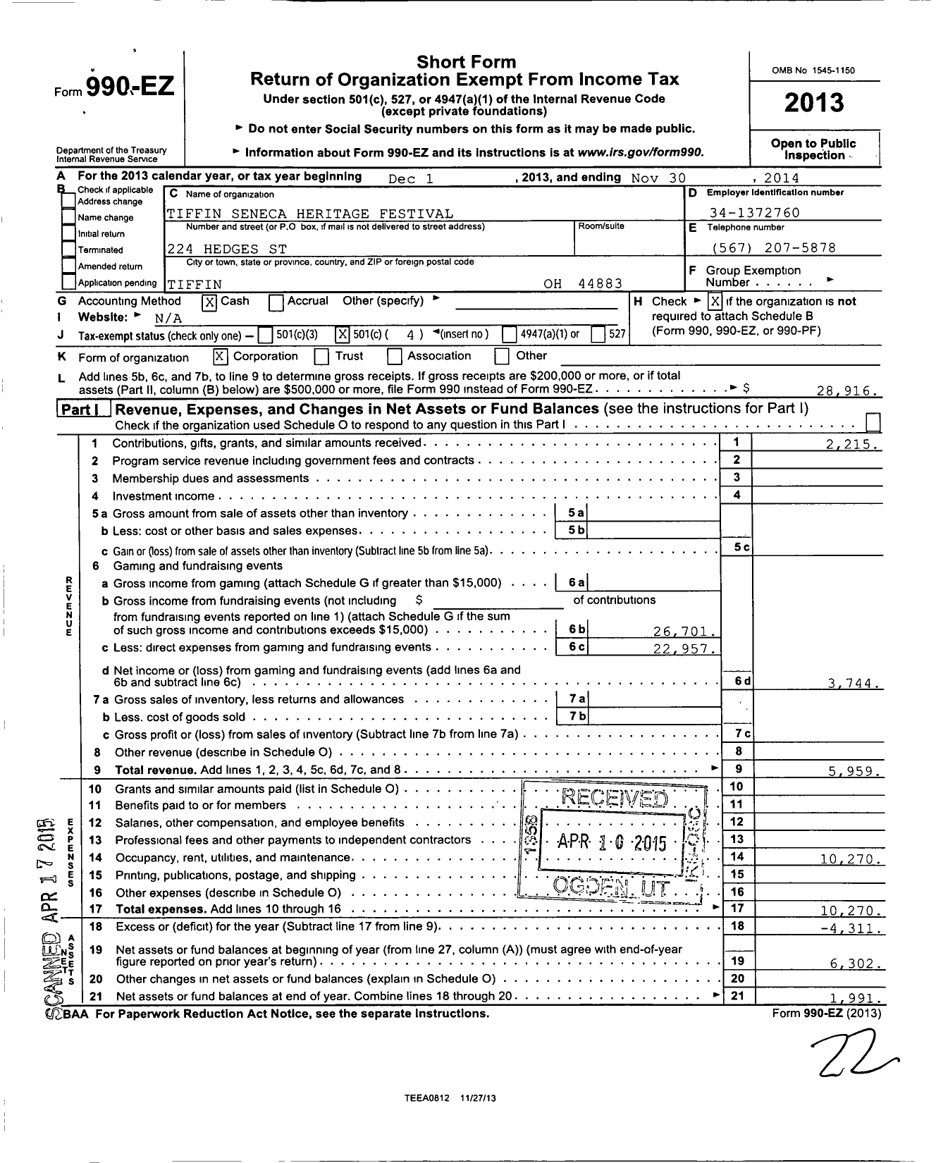 Image of first page of 2013 Form 990EO for Tiffin Seneca Heritage Festival Incorporated