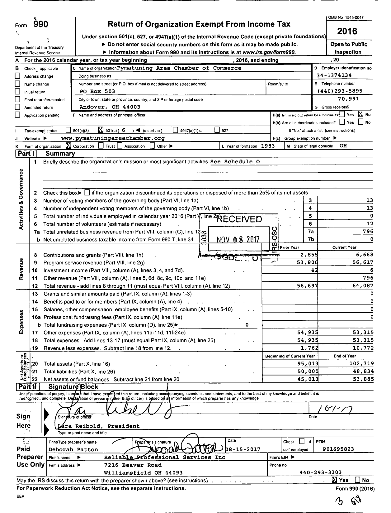 Image of first page of 2016 Form 990O for Pymatuning Area Chamber of Commerce