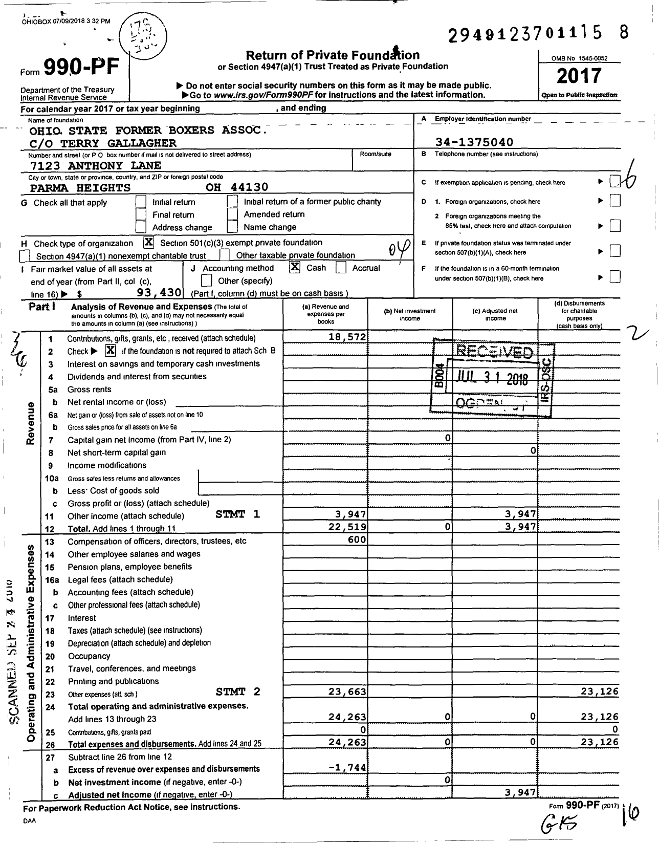 Image of first page of 2017 Form 990PF for Ohio State Former Boxers Association