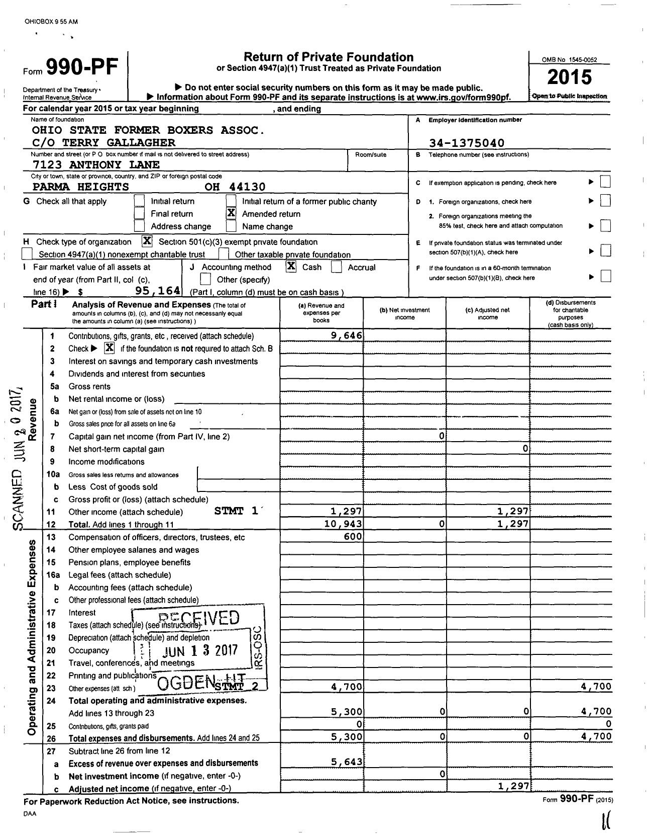 Image of first page of 2015 Form 990PF for Ohio State Former Boxers Association