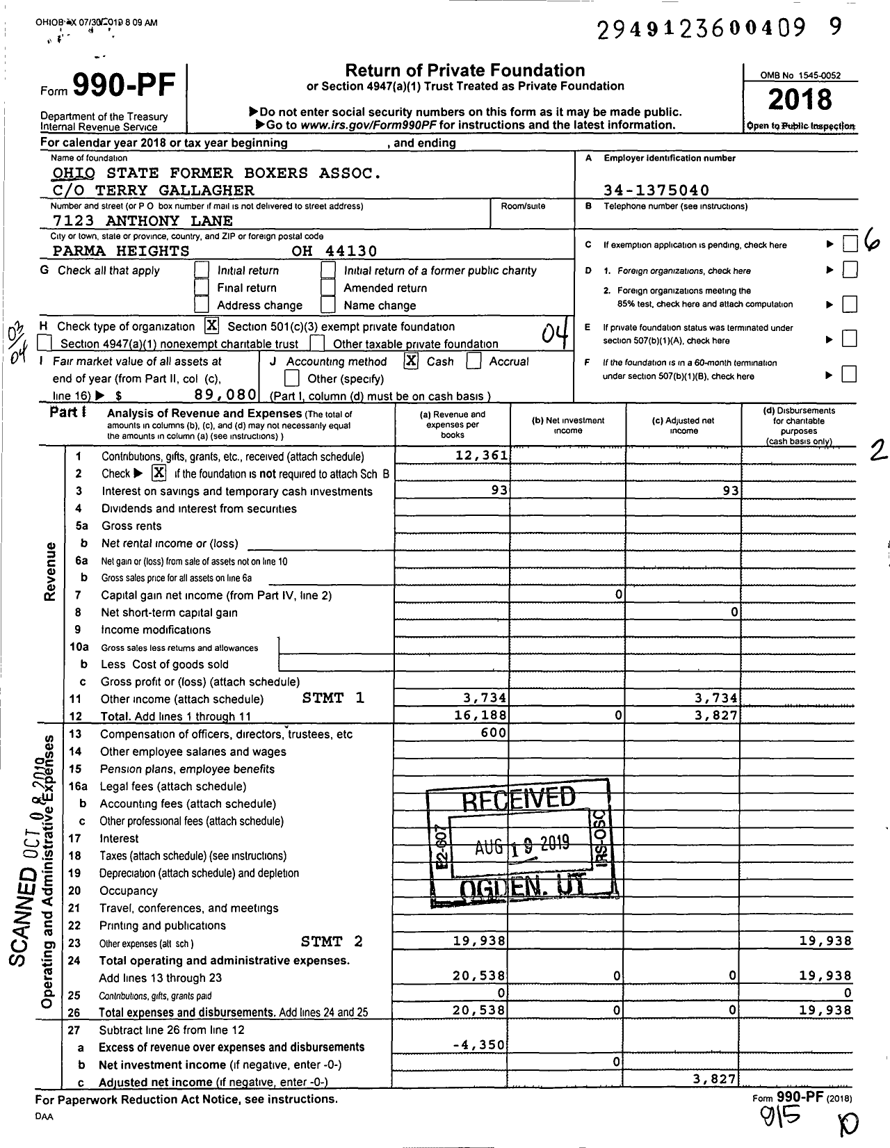 Image of first page of 2018 Form 990PF for Ohio State Former Boxers Association