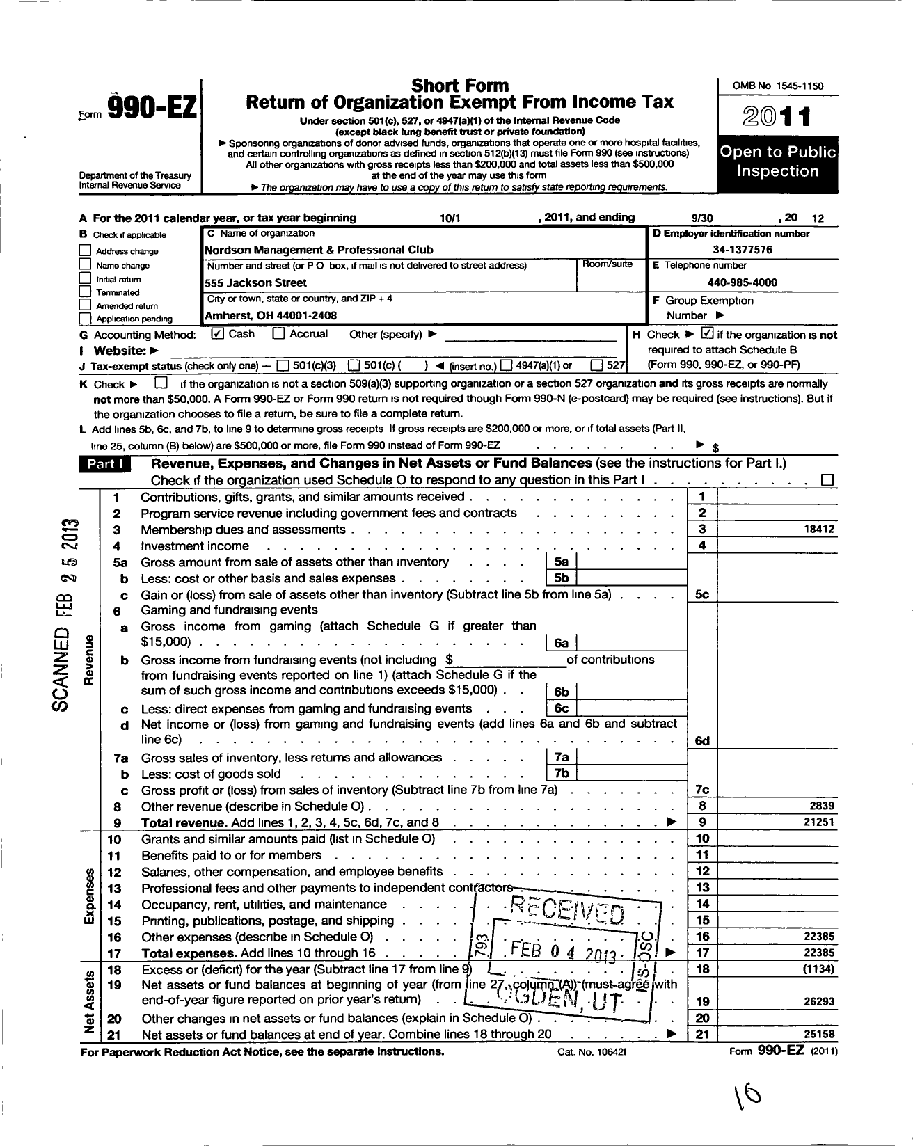 Image of first page of 2011 Form 990EO for Nordson Management and Professional Club