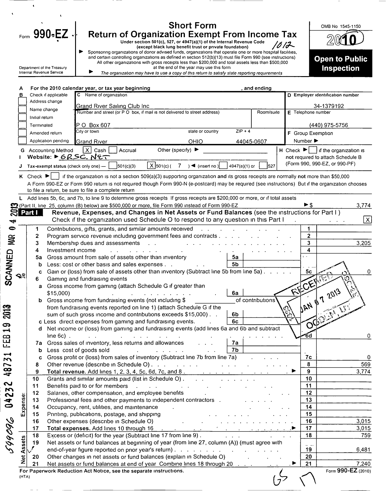 Image of first page of 2010 Form 990EO for Grand River Sailing Club