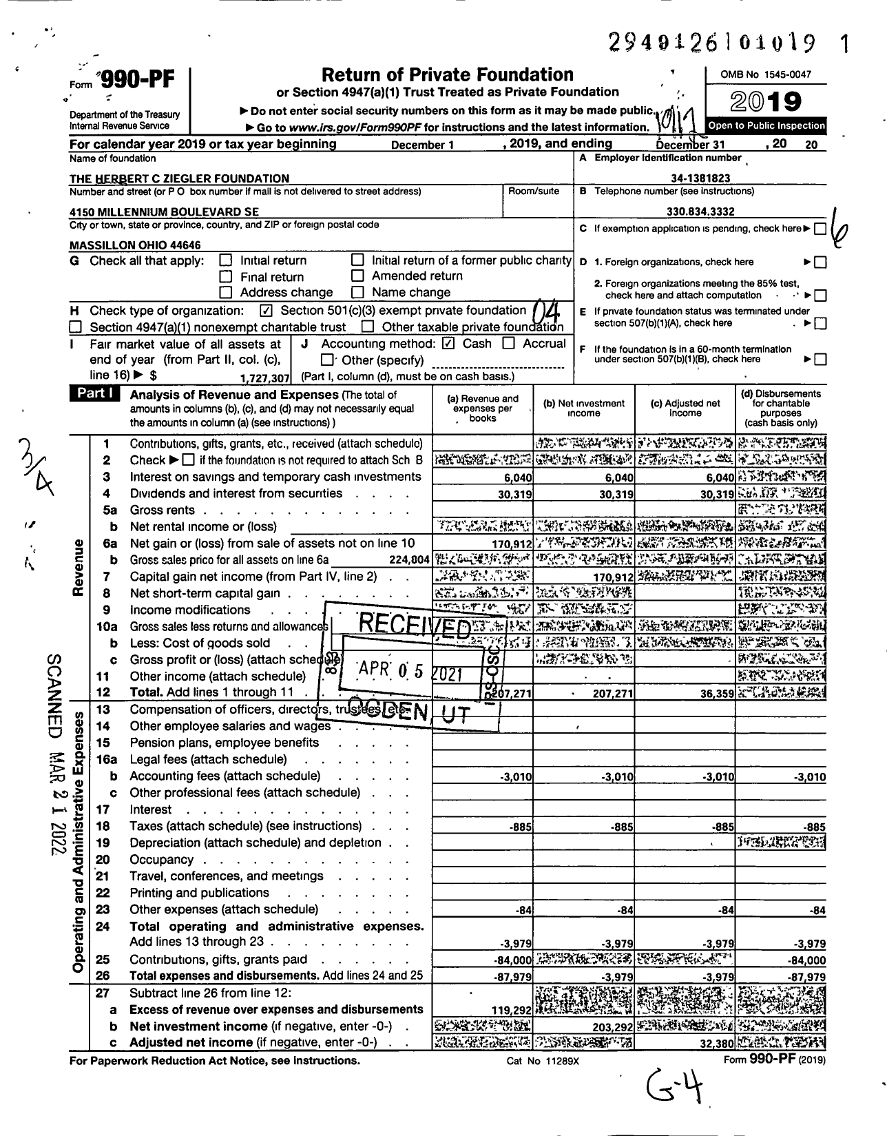 Image of first page of 2019 Form 990PF for Herbert C Ziegler Foundation