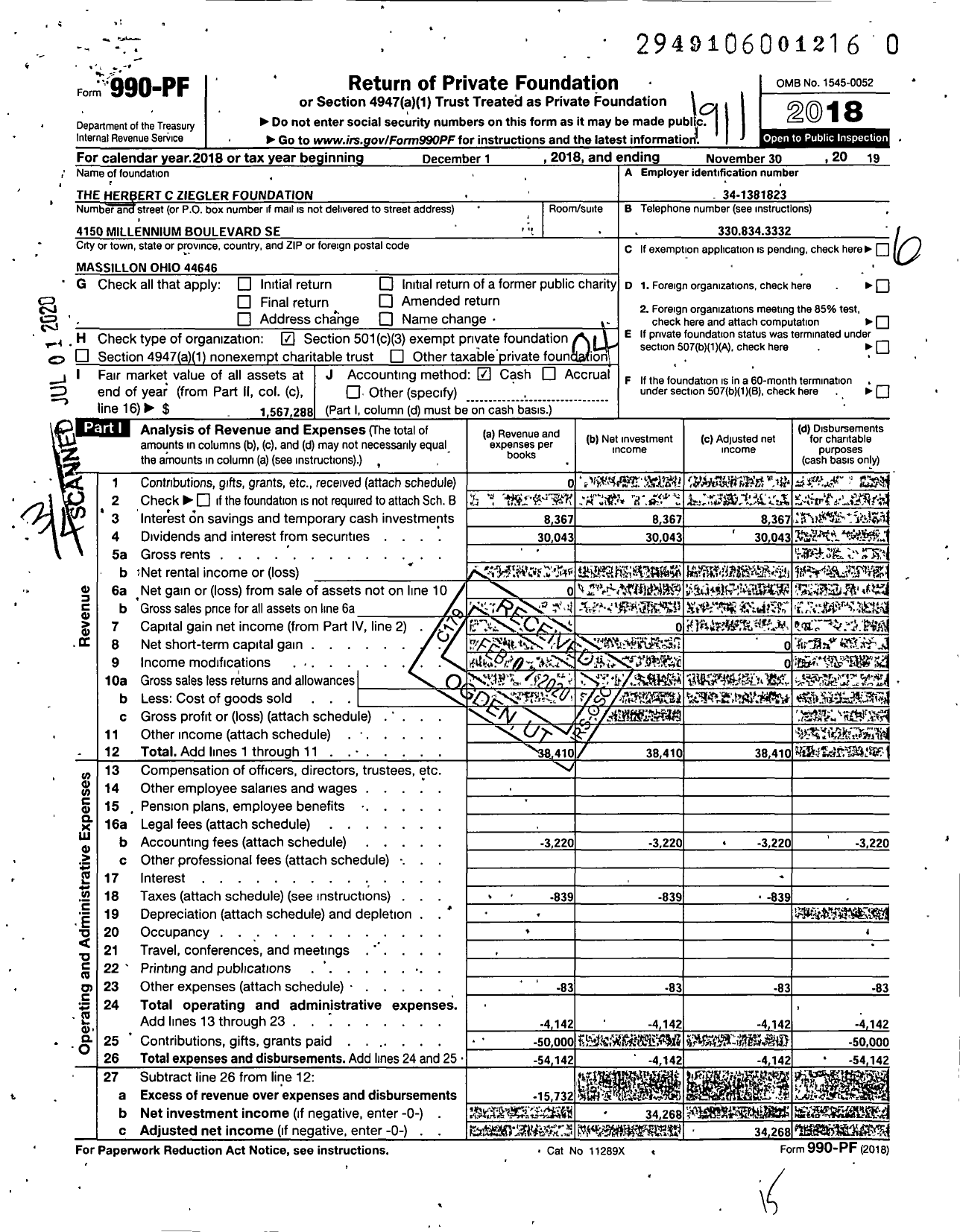 Image of first page of 2018 Form 990PR for Herbert C Ziegler Foundation