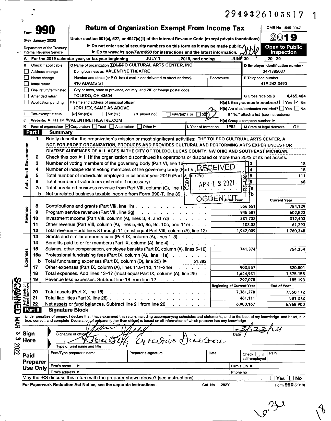 Image of first page of 2019 Form 990 for Valentine Theatre