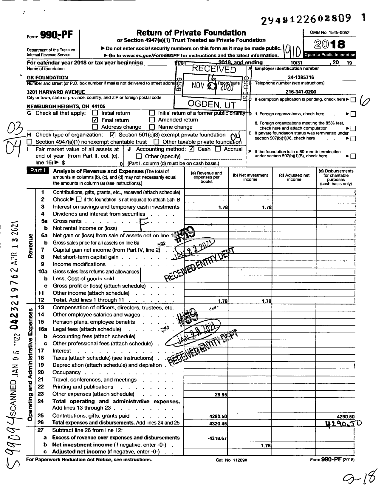 Image of first page of 2018 Form 990PF for GK Foundation