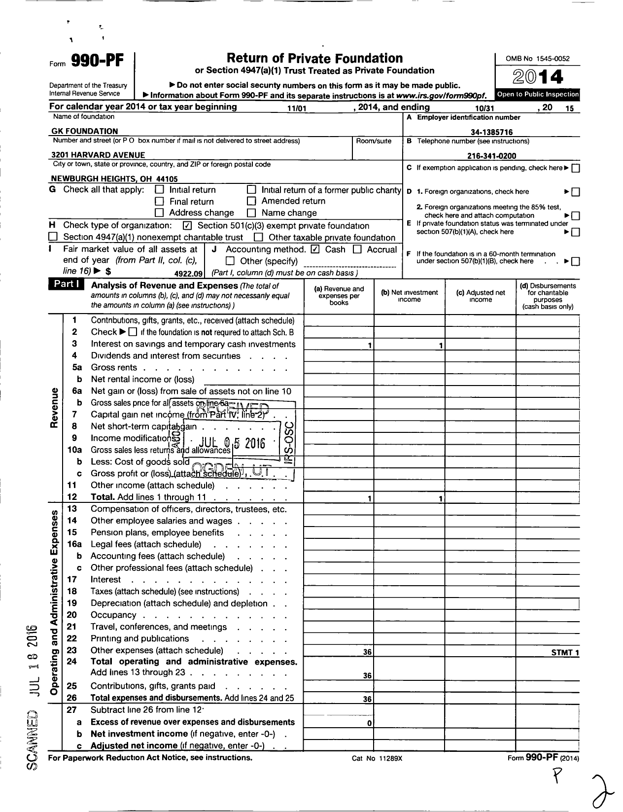 Image of first page of 2014 Form 990PF for GK Foundation