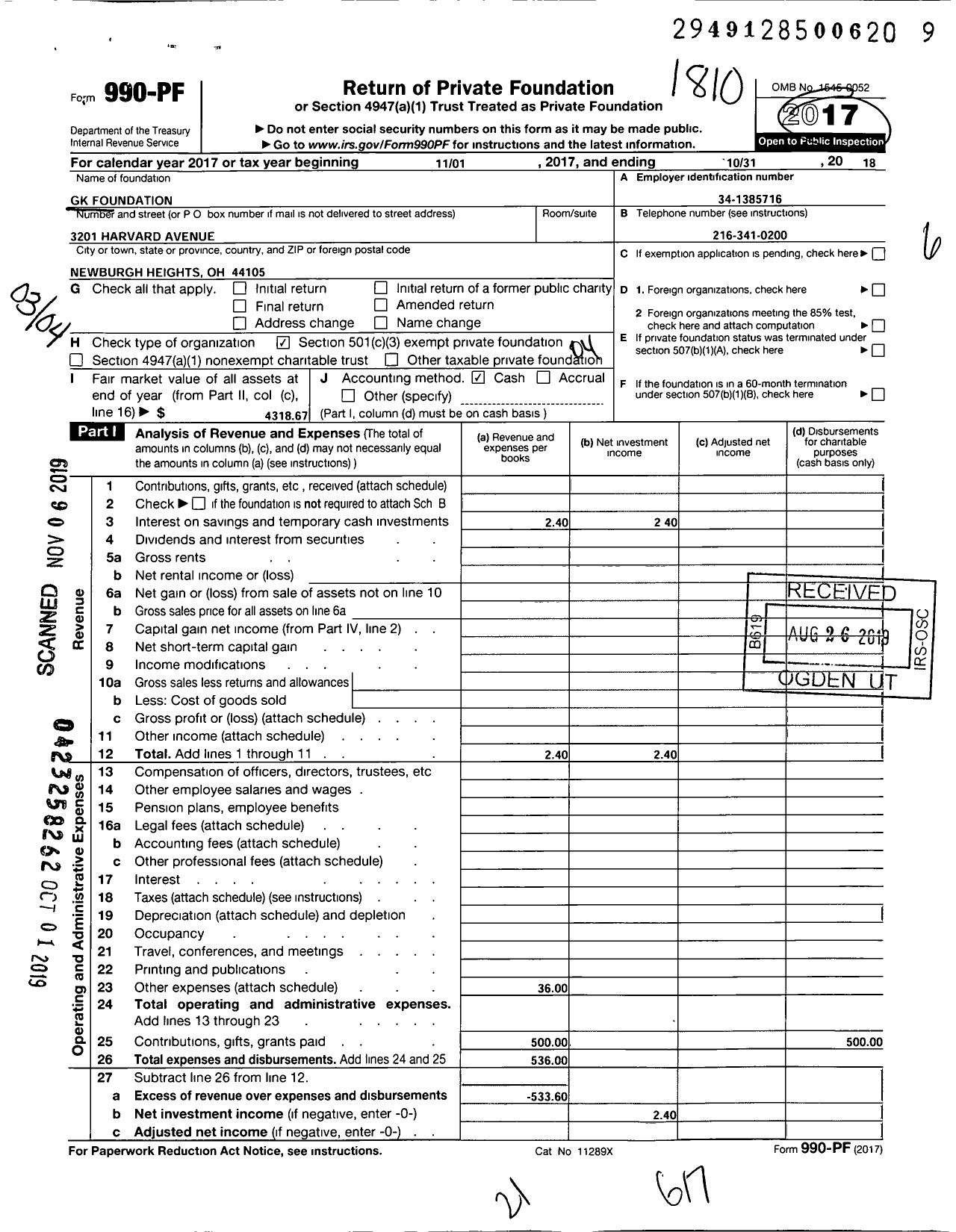 Image of first page of 2017 Form 990PF for GK Foundation
