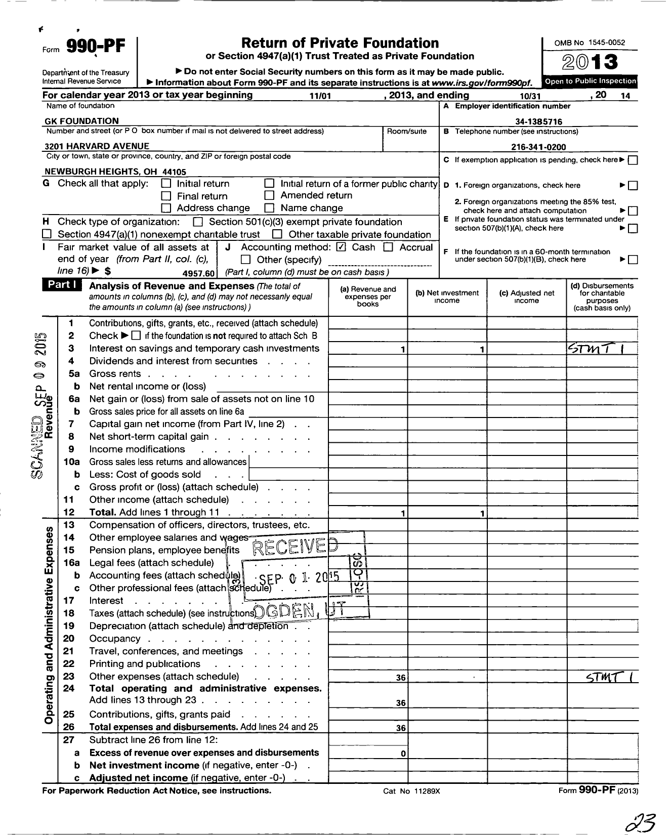 Image of first page of 2013 Form 990PF for GK Foundation