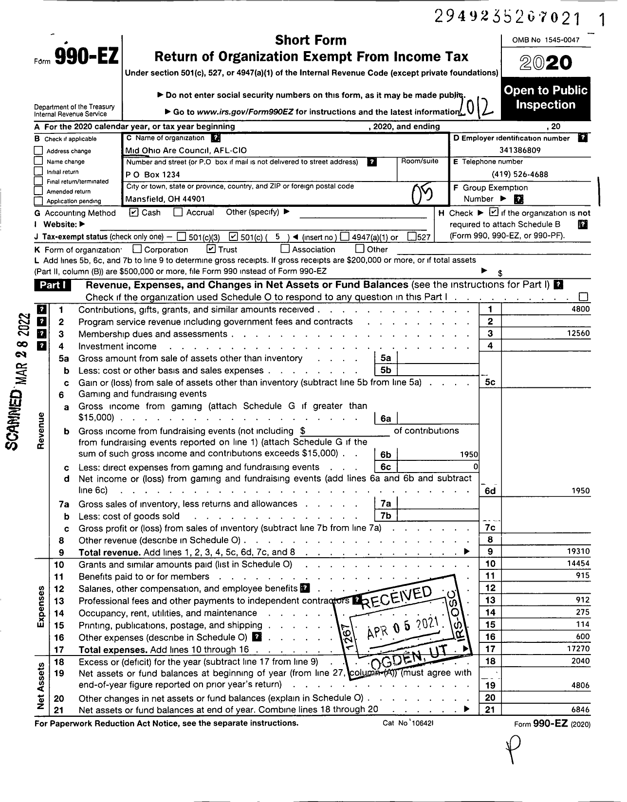 Image of first page of 2020 Form 990EO for Mid Ohio Area Labor Council AFL-CIO