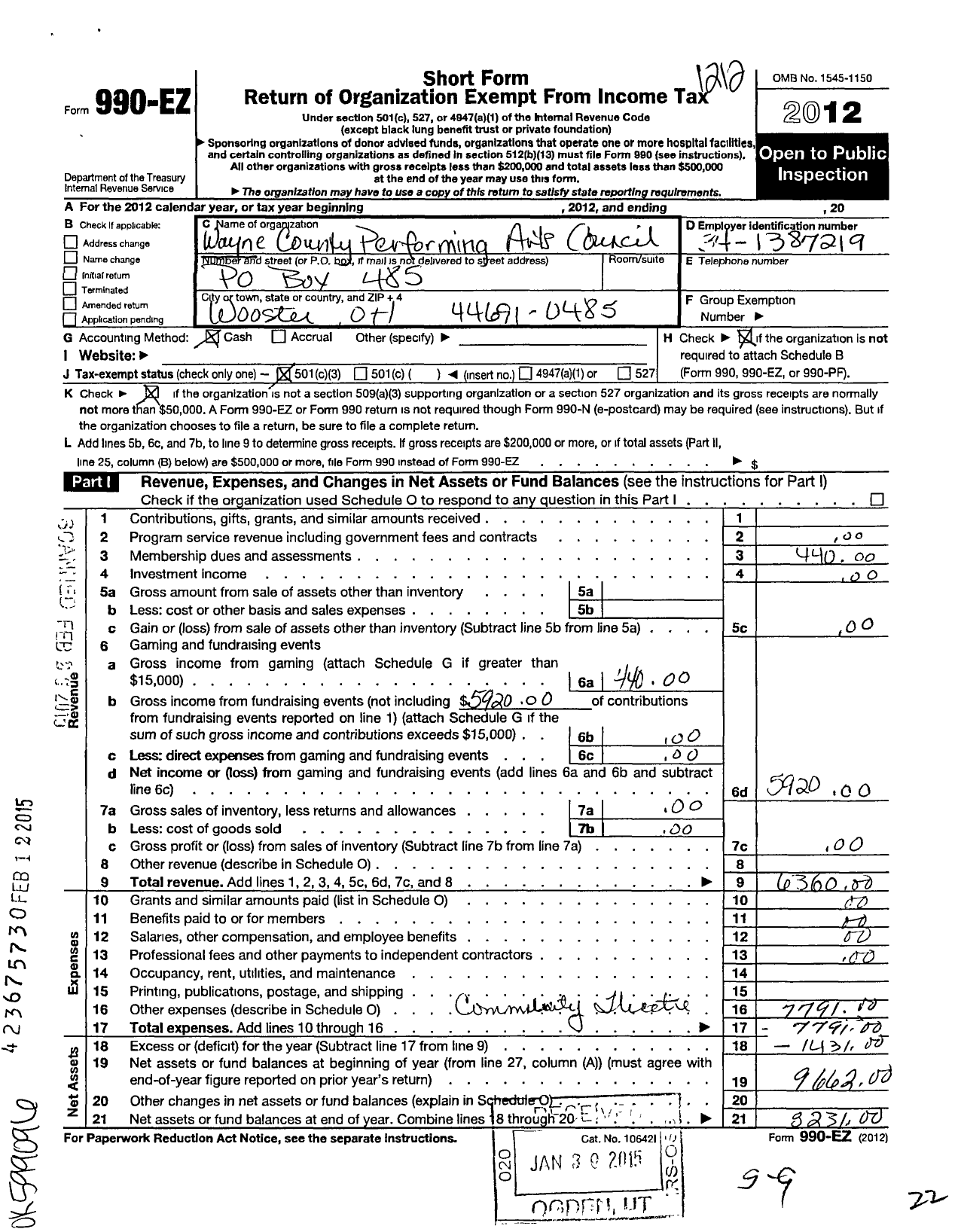 Image of first page of 2012 Form 990EZ for Wayne County Performing Arts Council