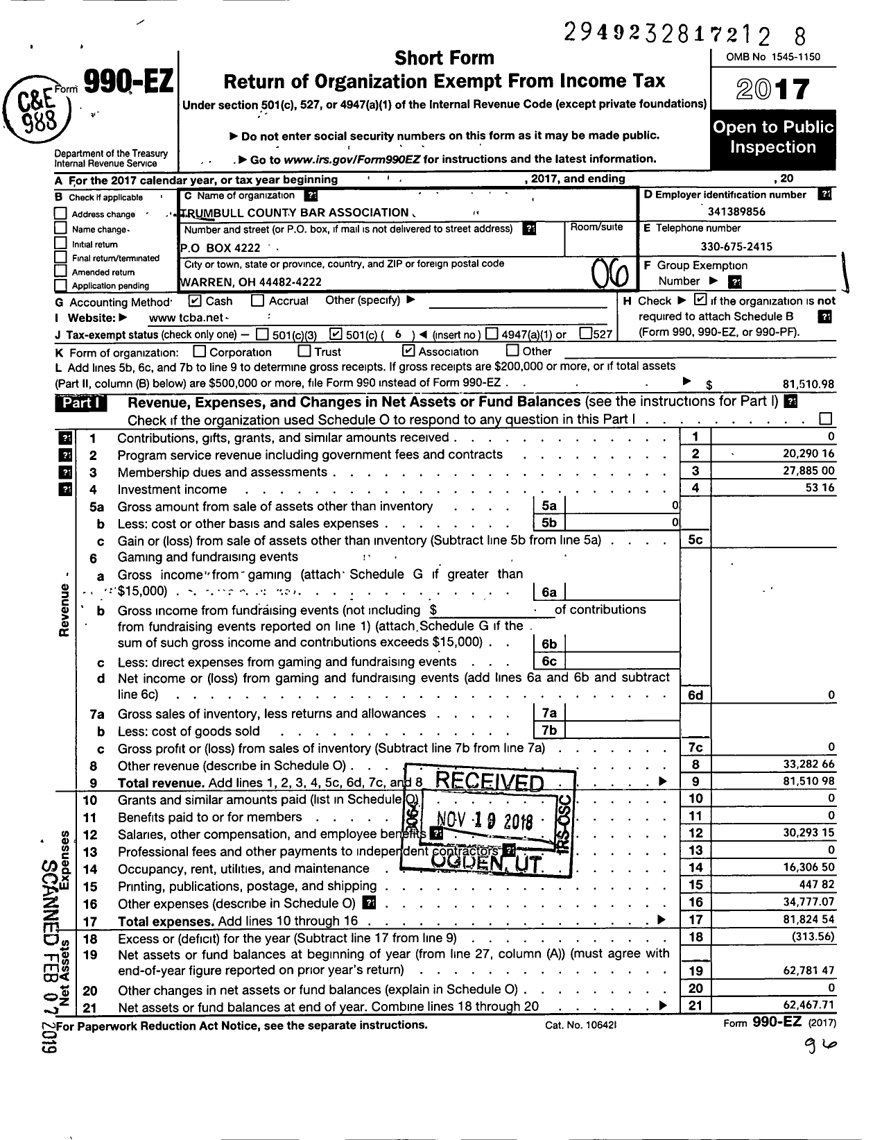 Image of first page of 2017 Form 990EO for Trumbull County Bar Association