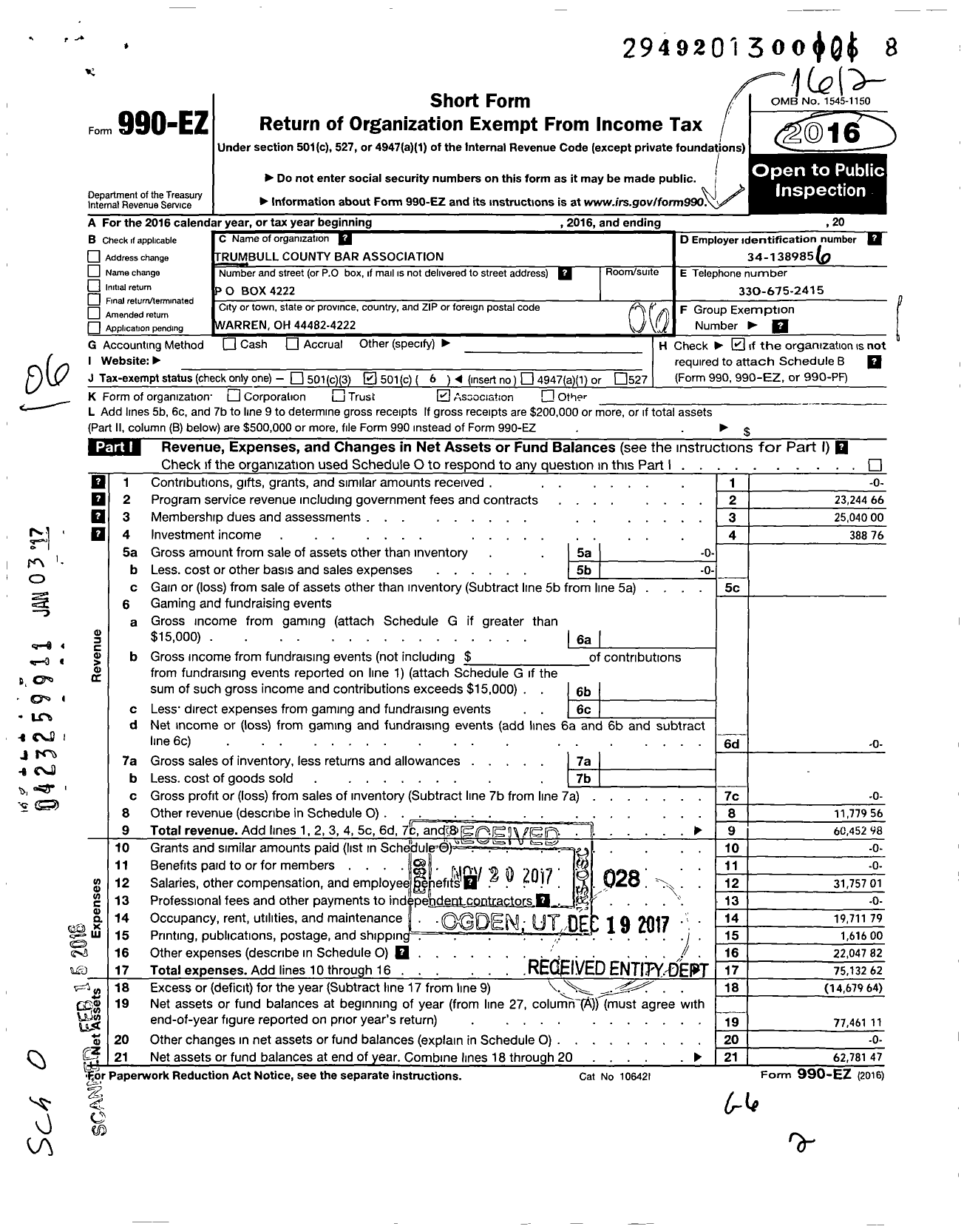 Image of first page of 2016 Form 990EO for Trumbull County Bar Association