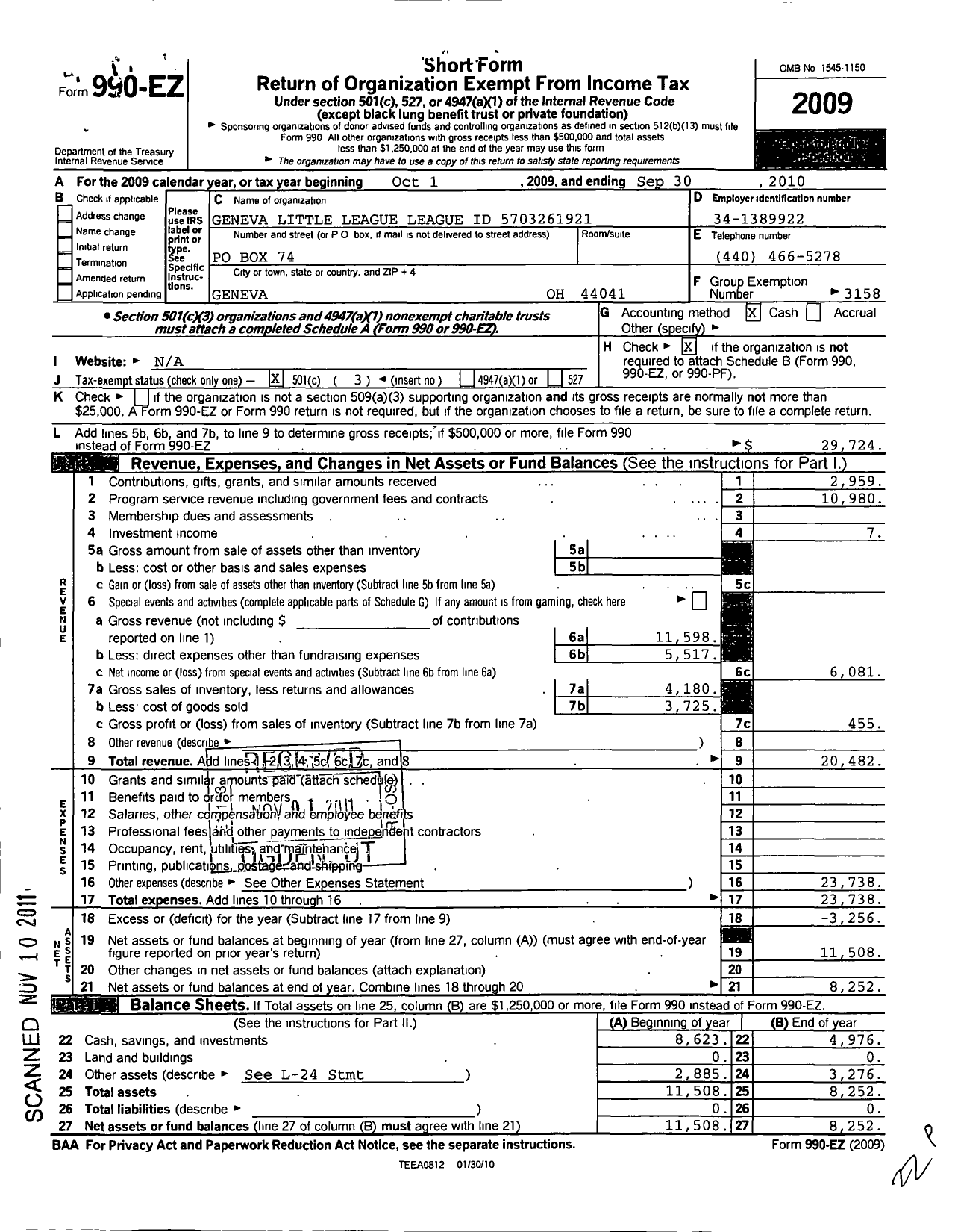 Image of first page of 2009 Form 990EZ for Geneva Little League