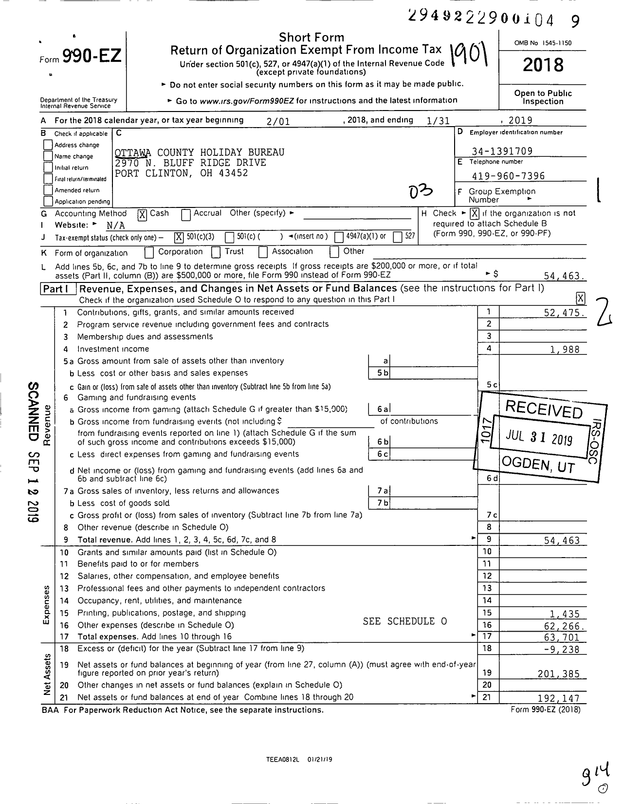 Image of first page of 2018 Form 990EZ for Ottawa County Holiday Bureau