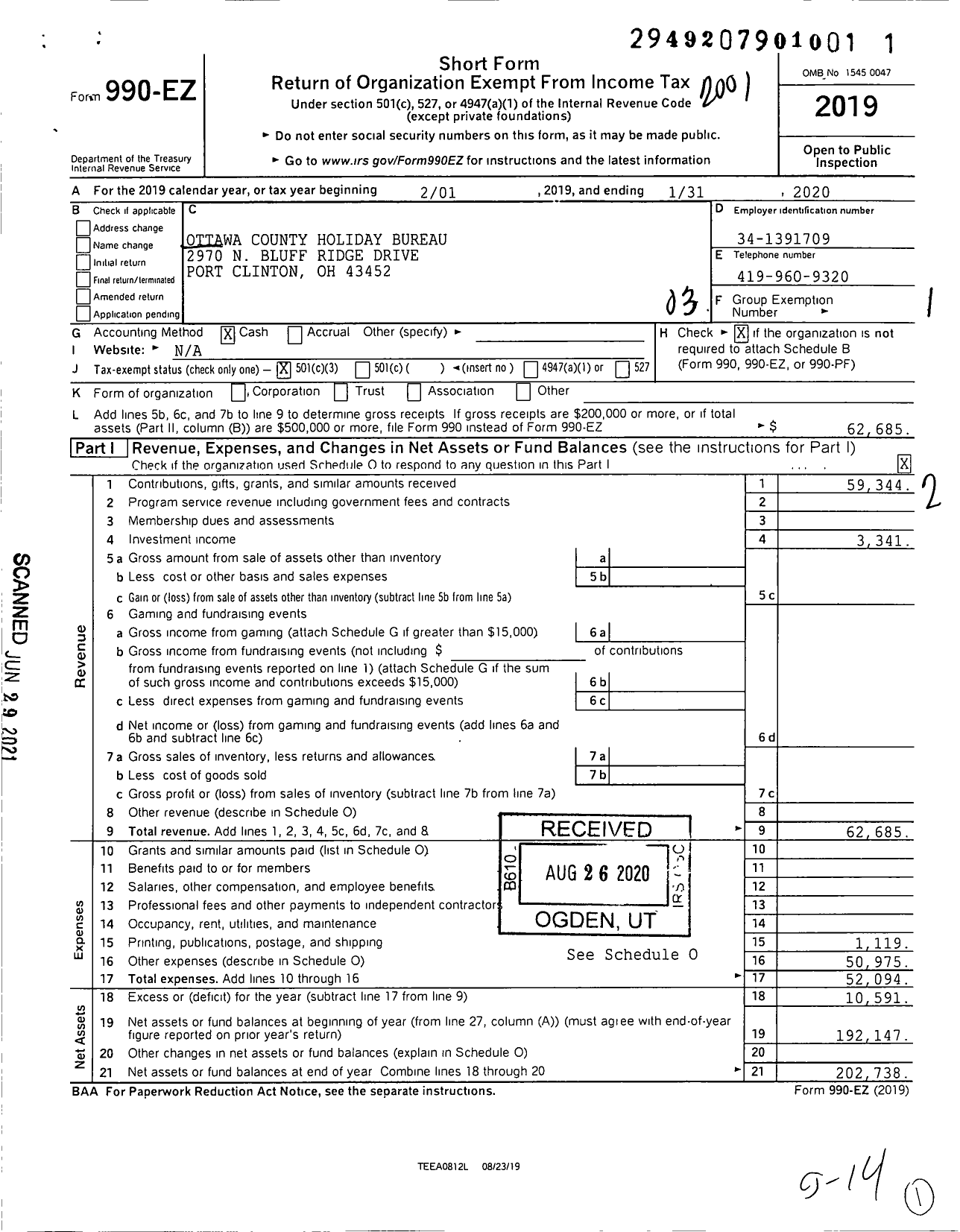 Image of first page of 2019 Form 990EZ for Ottawa County Holiday Bureau