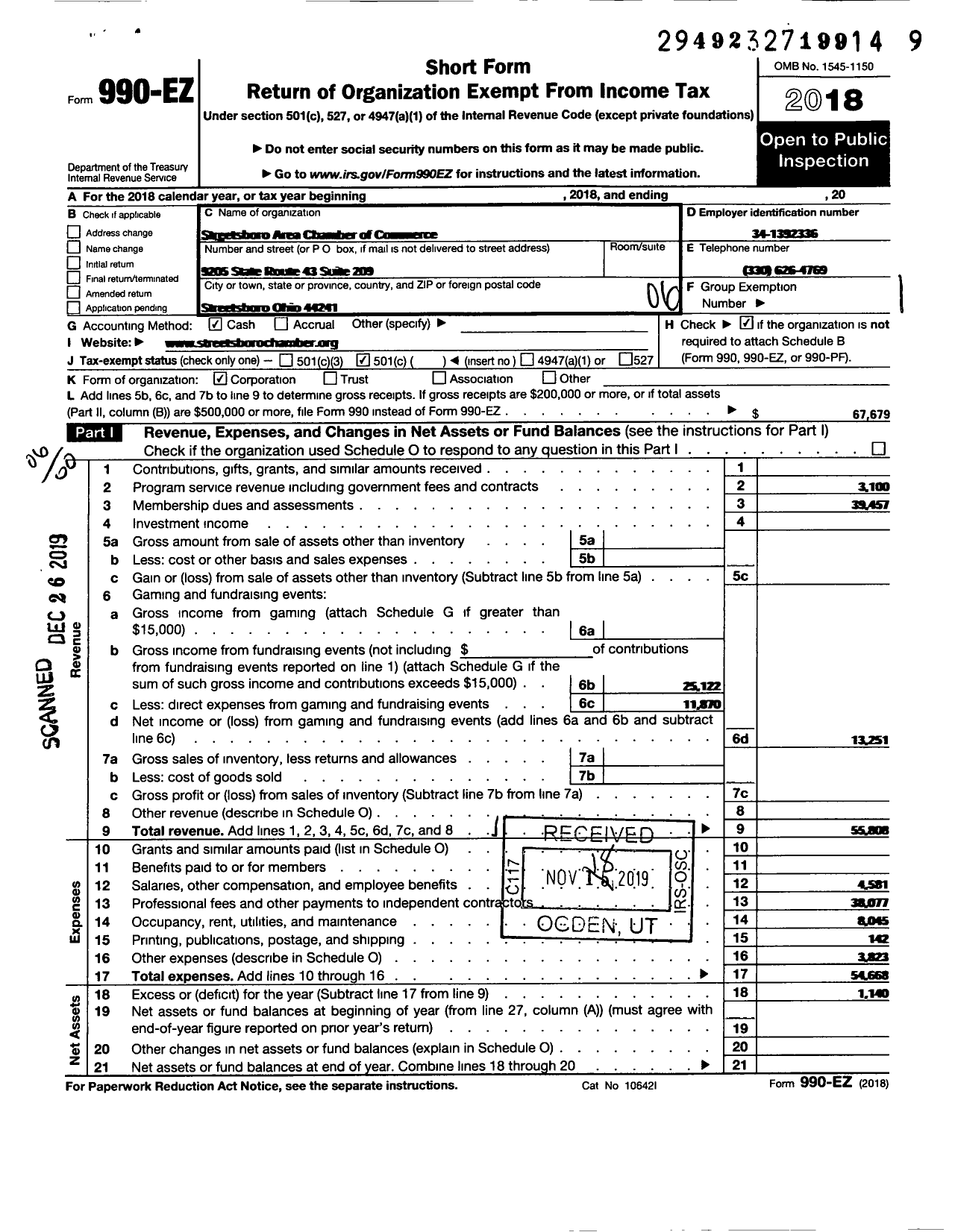 Image of first page of 2018 Form 990EO for Streetsboro Chamber of Commerce