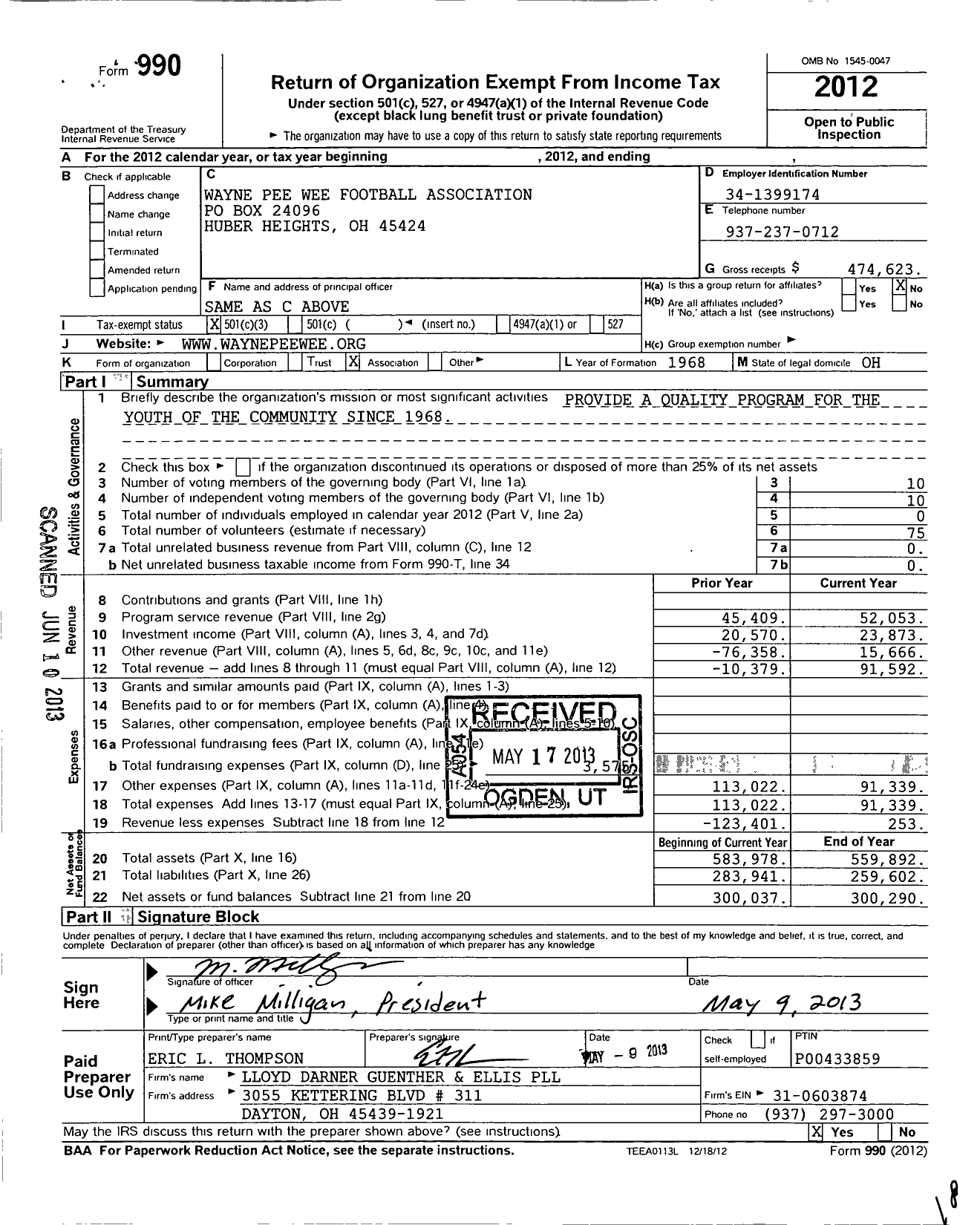 Image of first page of 2012 Form 990 for Wayne Pee Wee Football Association