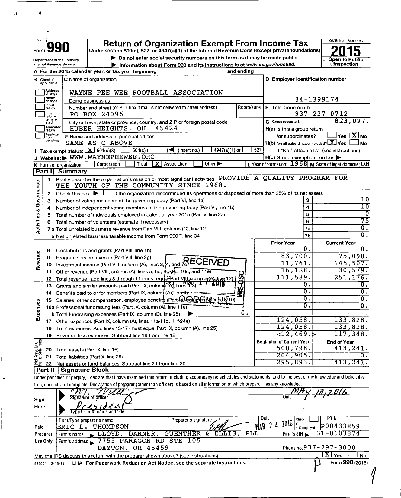 Image of first page of 2015 Form 990 for Wayne Pee Wee Football Association