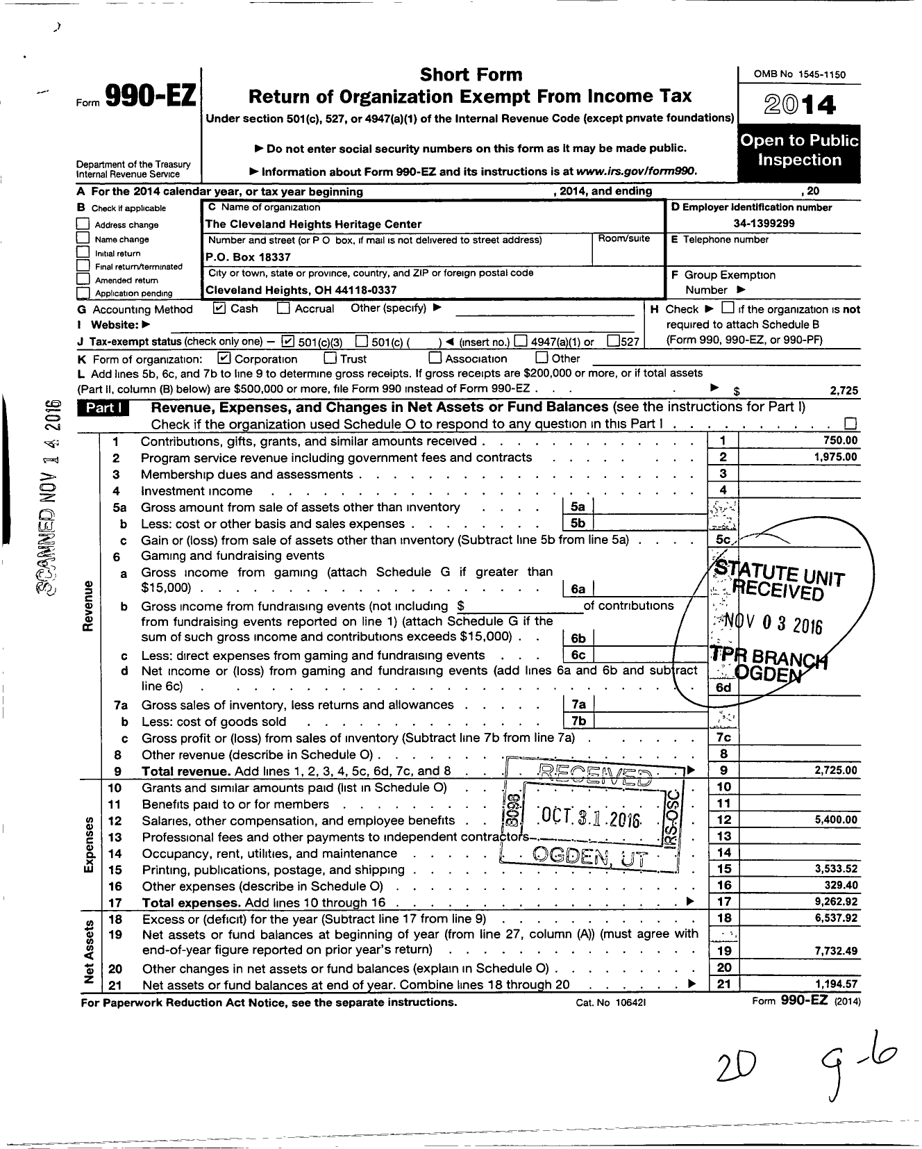 Image of first page of 2014 Form 990EZ for Cleveland Heights Heritage Center