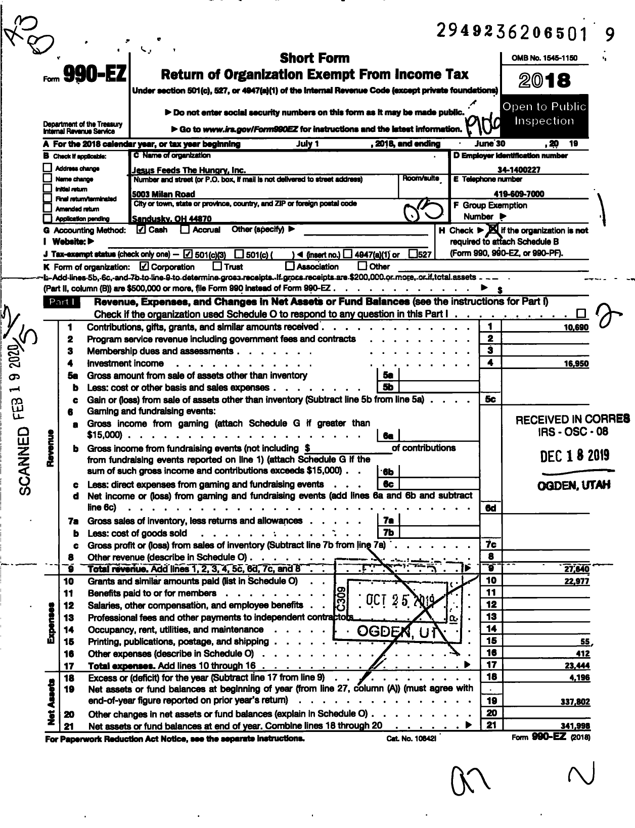 Image of first page of 2018 Form 990EZ for Jesus Feeds the Hungry