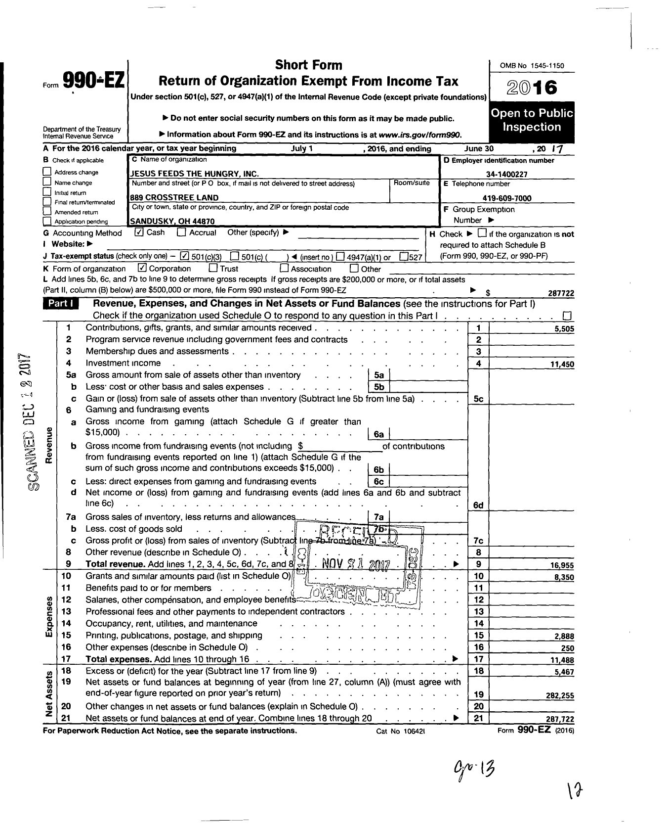 Image of first page of 2016 Form 990EZ for Jesus Feeds the Hungry