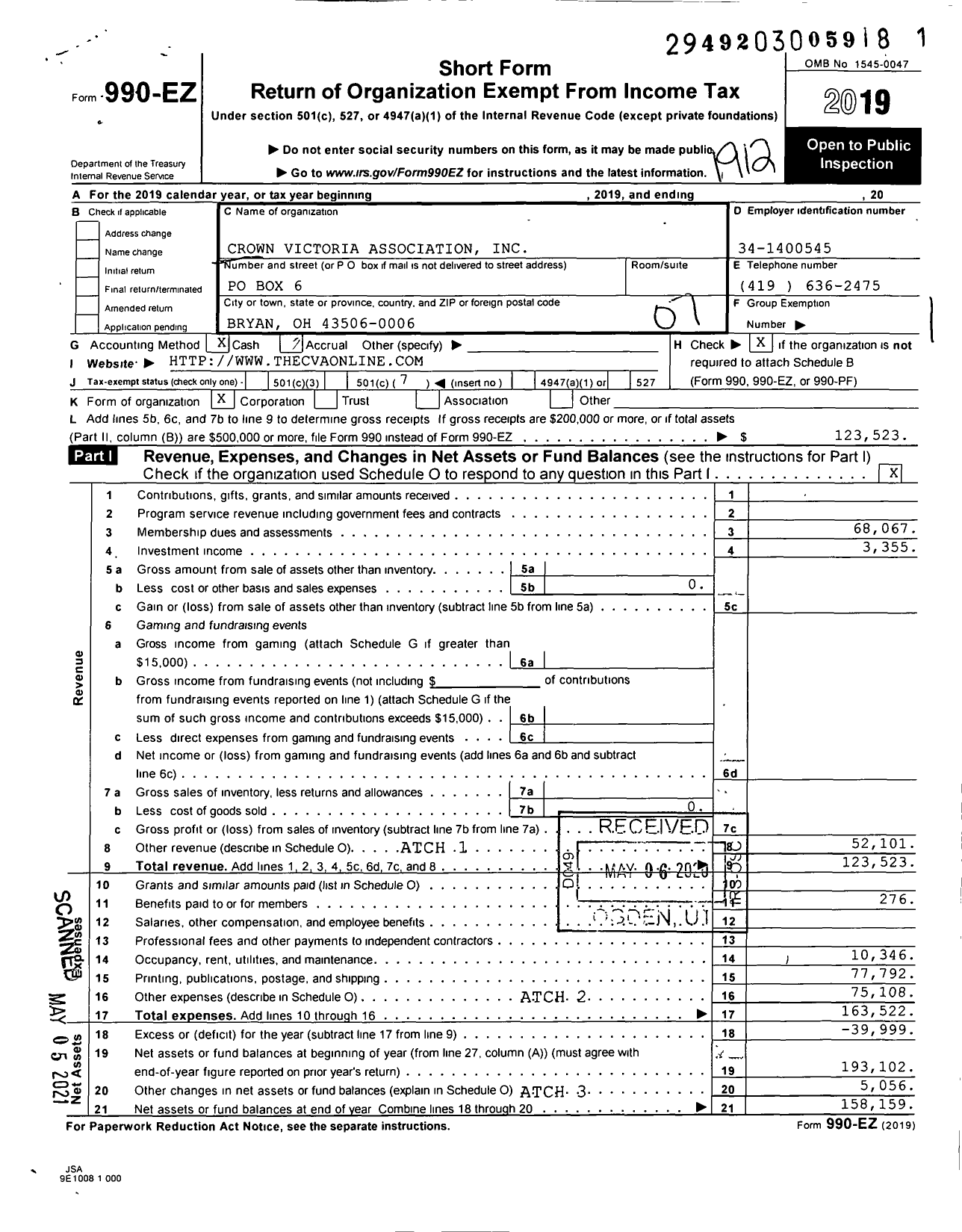 Image of first page of 2019 Form 990EO for Crown Victoria Association