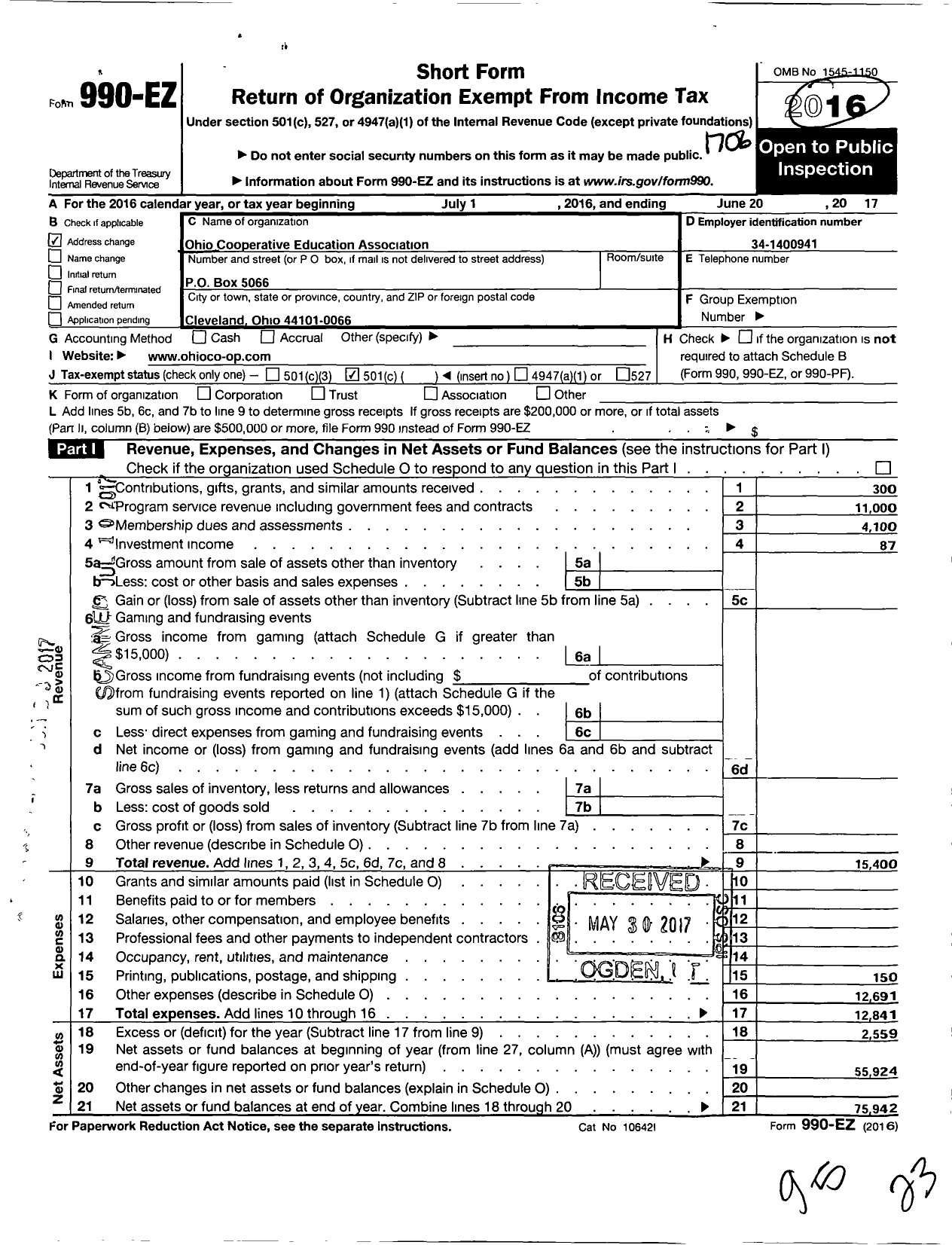 Image of first page of 2016 Form 990EO for Ohio Cooperative Eduaction Association