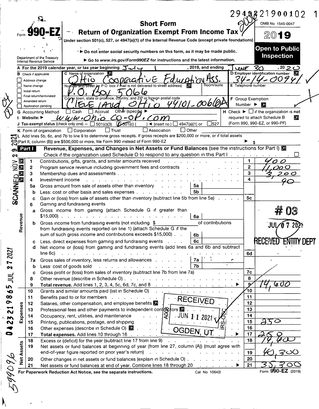 Image of first page of 2019 Form 990EO for Ohio Cooperative Eduaction Association