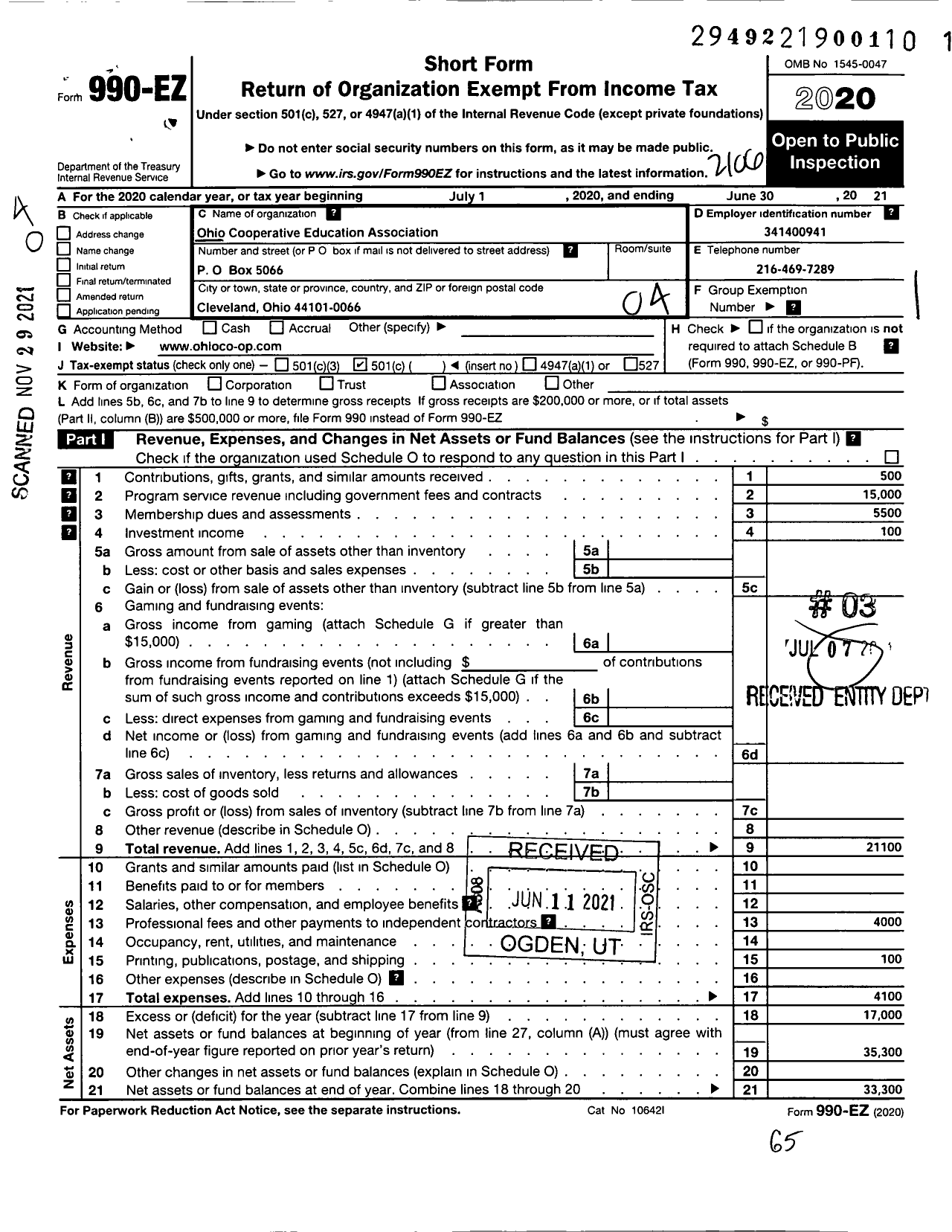 Image of first page of 2020 Form 990EO for Ohio Cooperative Eduaction Association