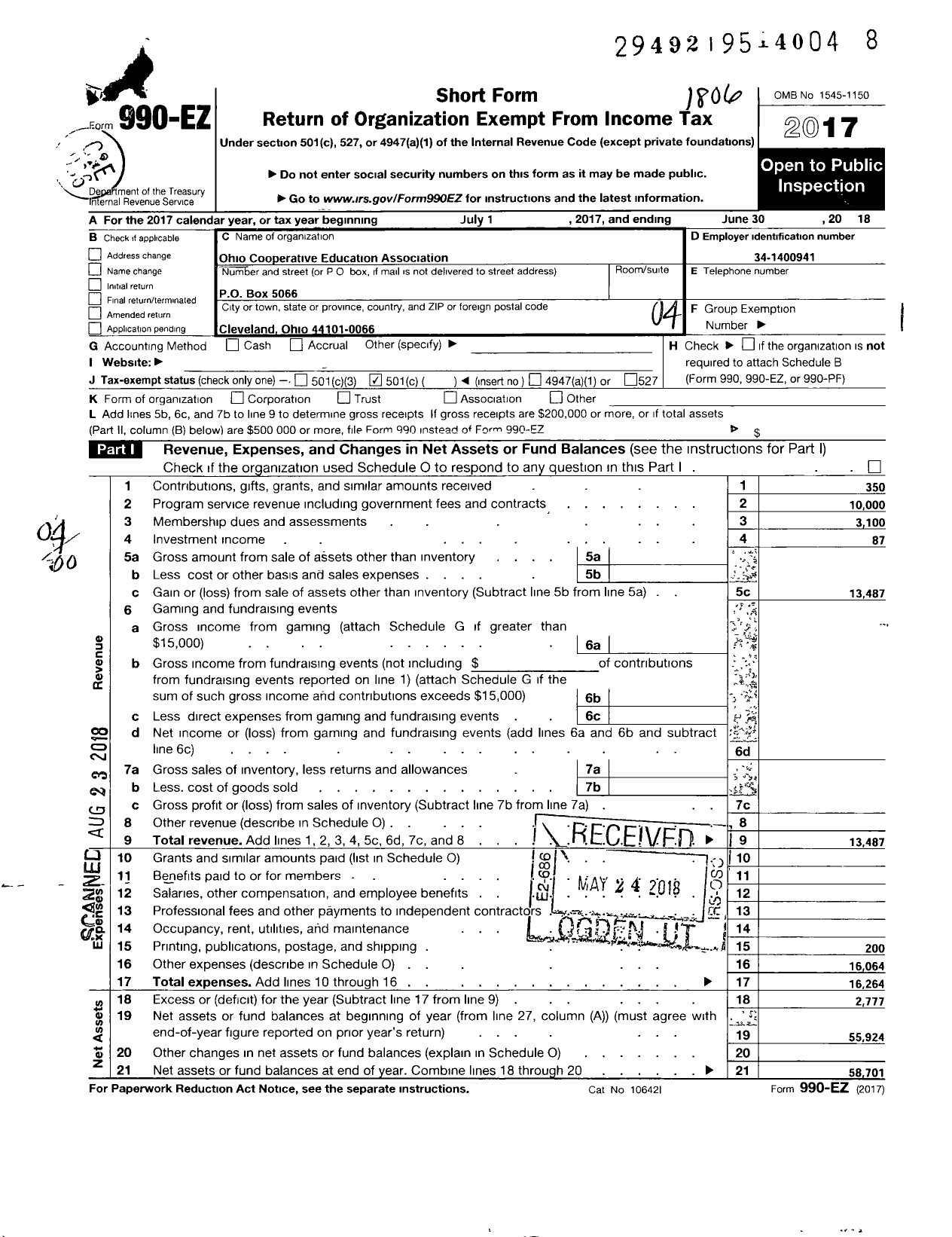 Image of first page of 2017 Form 990EO for Ohio Cooperative Eduaction Association