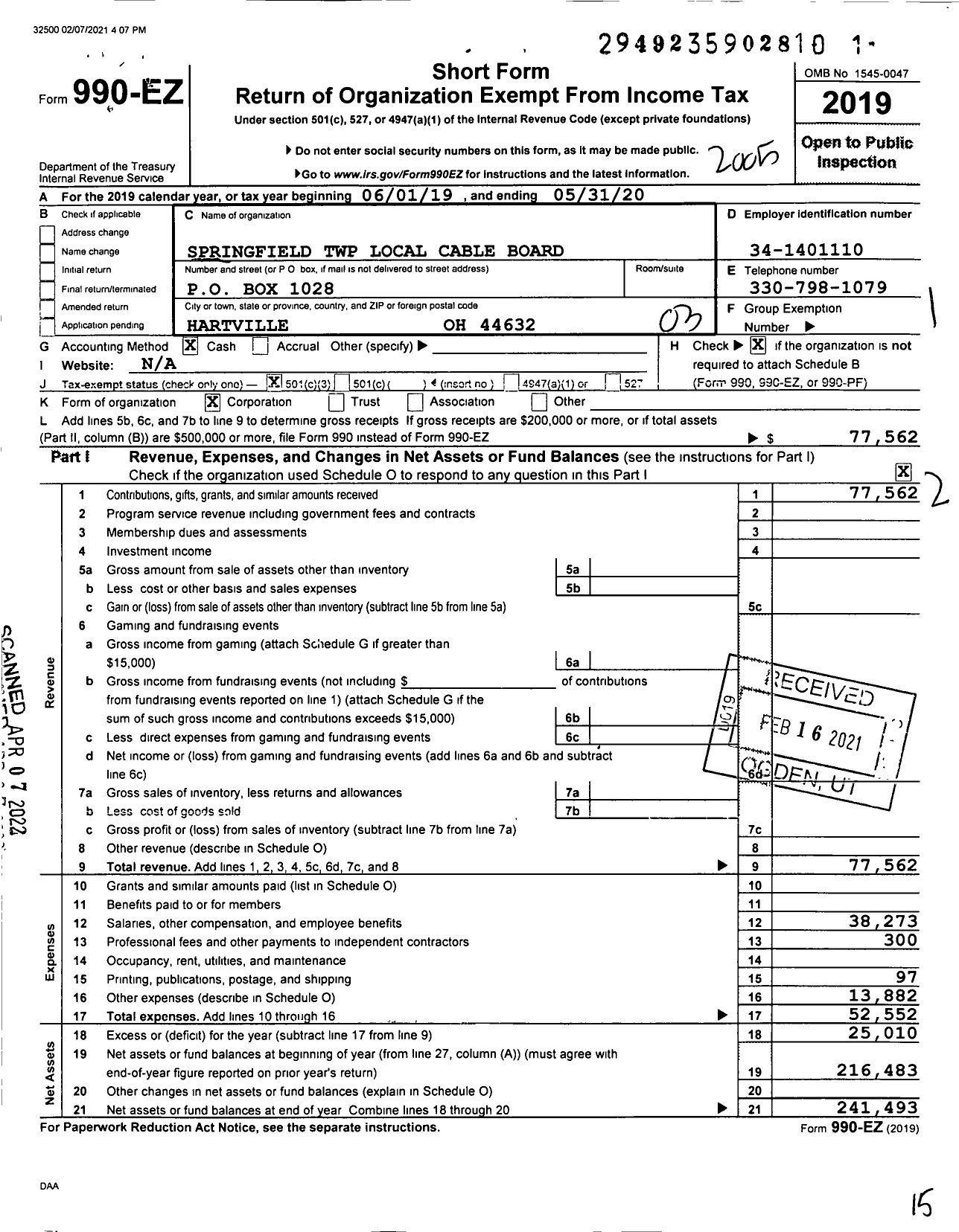 Image of first page of 2019 Form 990EZ for Springfield TWP Local Cable Board