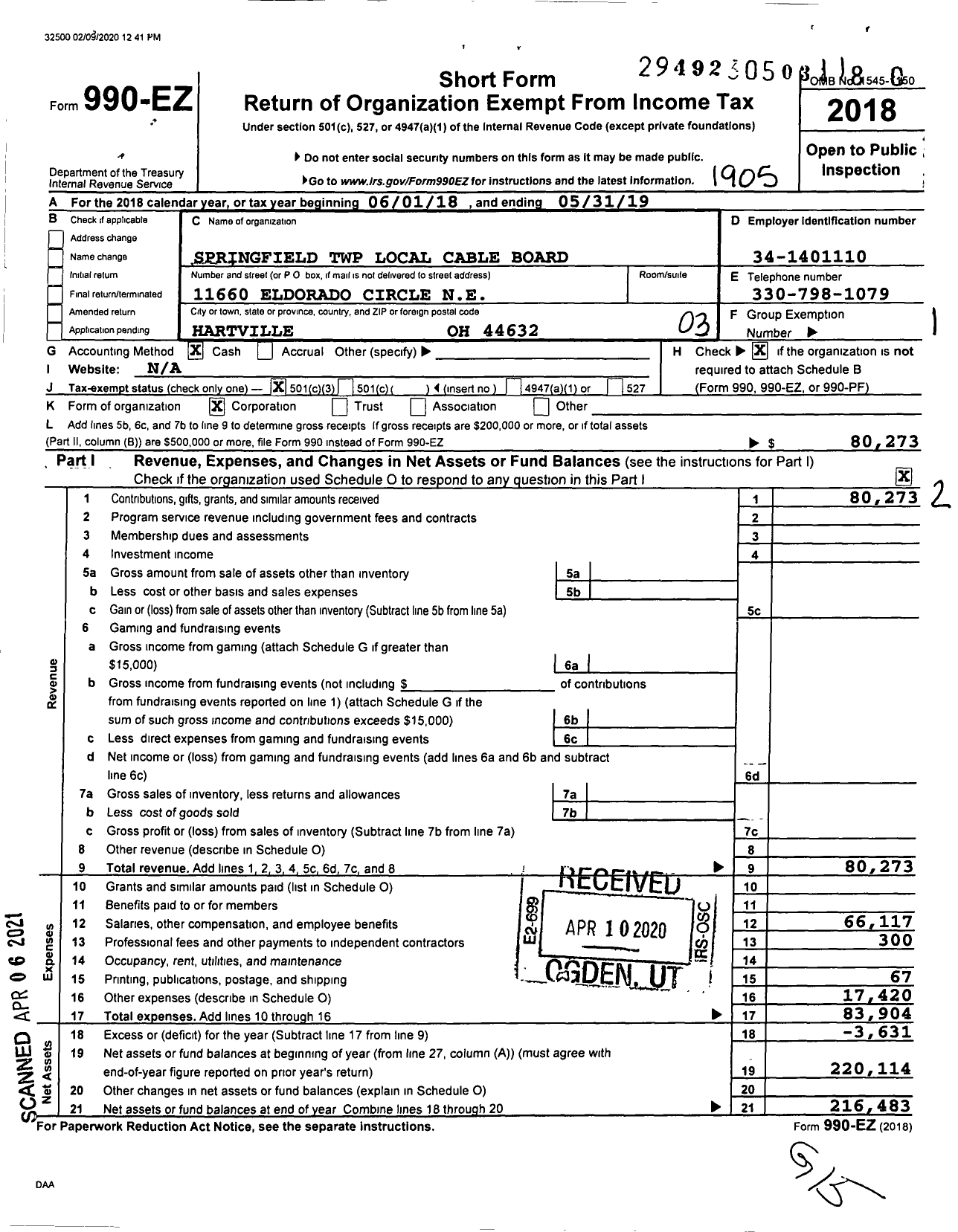 Image of first page of 2018 Form 990EZ for Springfield TWP Local Cable Board