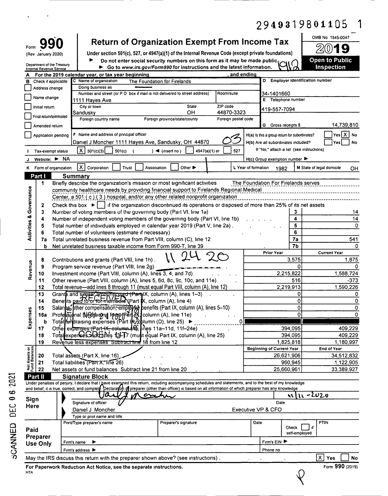 Image of first page of 2019 Form 990 for The Foundation for Firelands