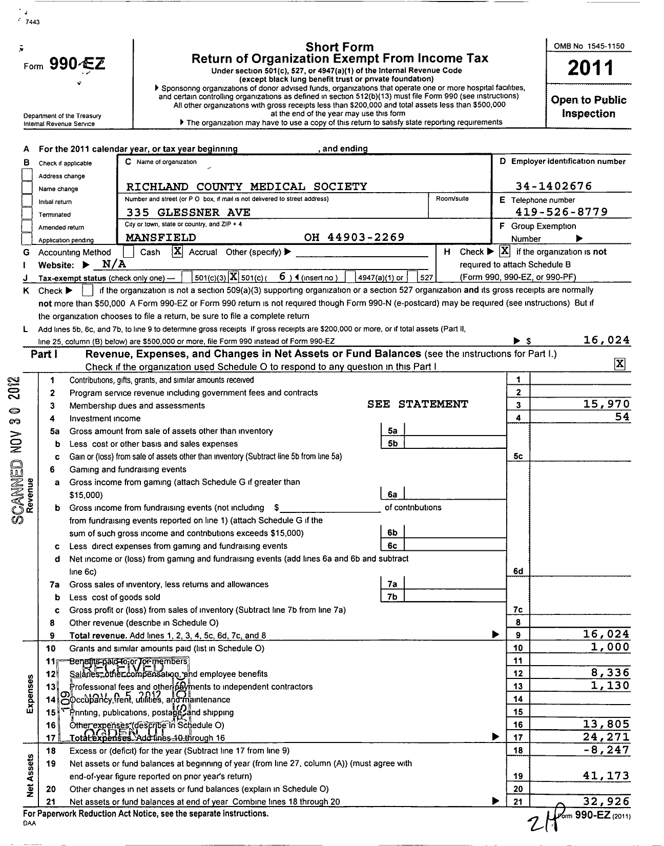 Image of first page of 2011 Form 990EO for Richland County Medical Society