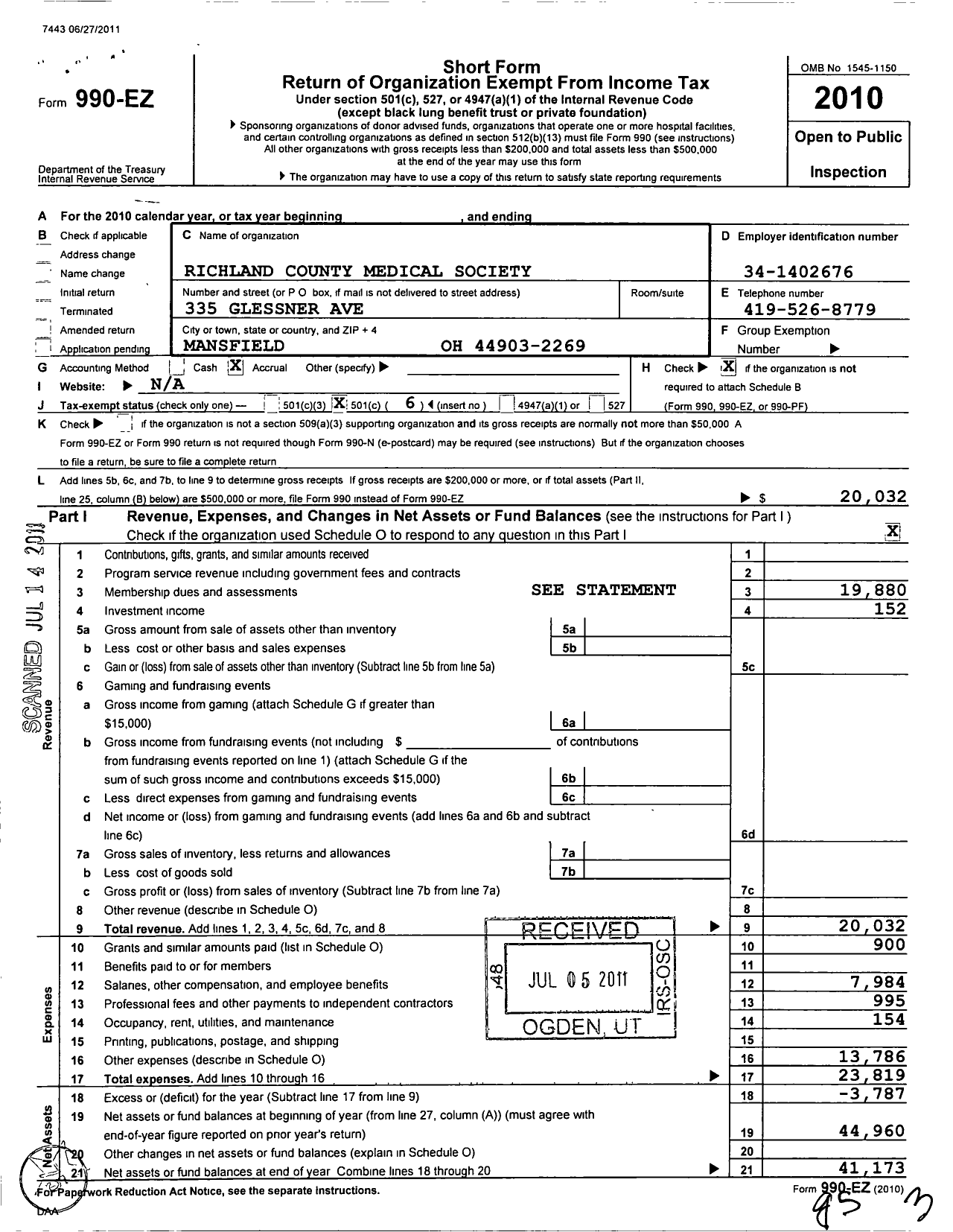 Image of first page of 2010 Form 990EO for Richland County Medical Society