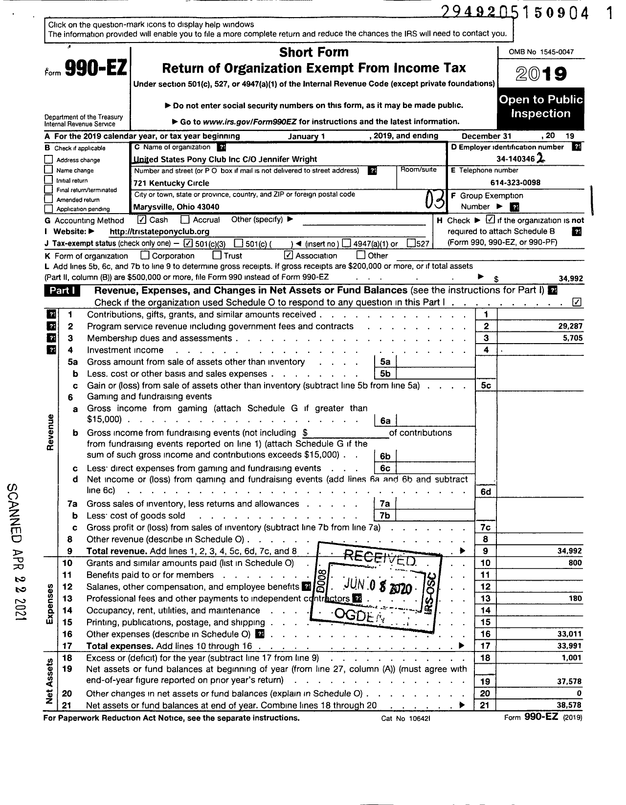 Image of first page of 2019 Form 990EZ for The United States Pony Clubs / Tri-State Region