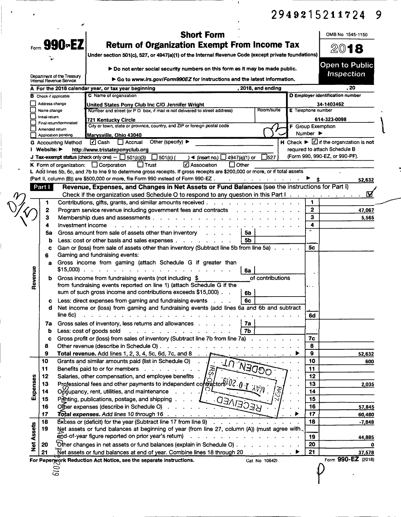 Image of first page of 2018 Form 990EZ for The United States Pony Clubs / Tri-State Region