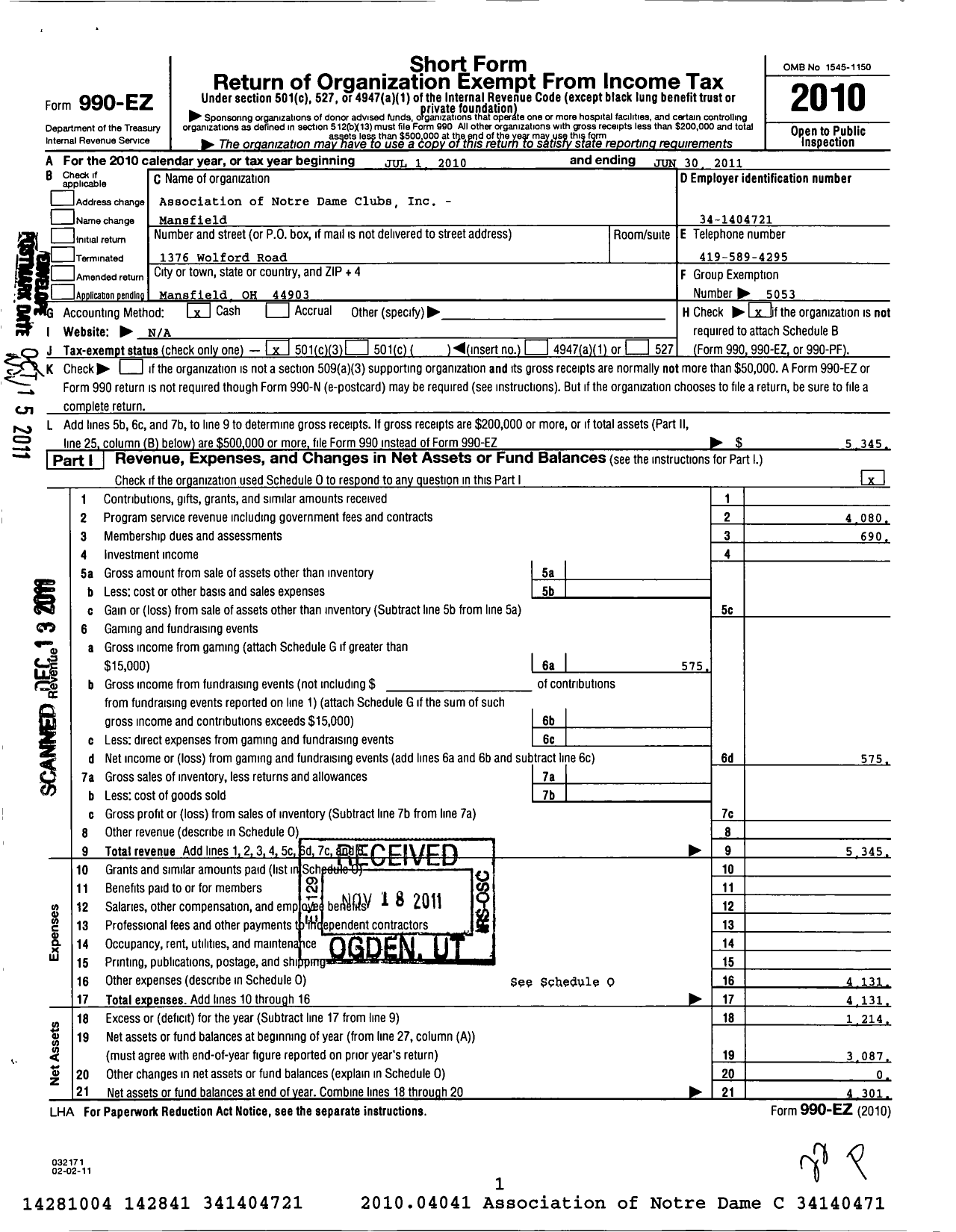 Image of first page of 2010 Form 990EZ for Association of Notre Dame Clubs Inc - Mansfield