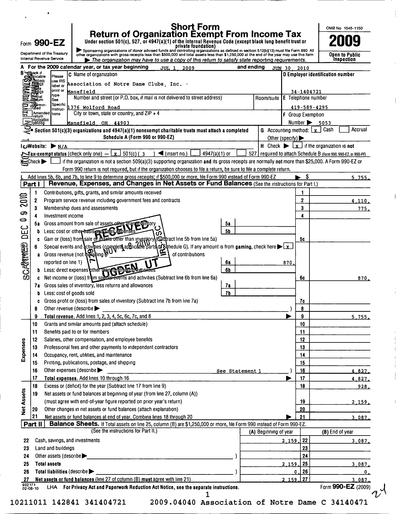 Image of first page of 2009 Form 990EZ for Association of Notre Dame Clubs Inc - Mansfield