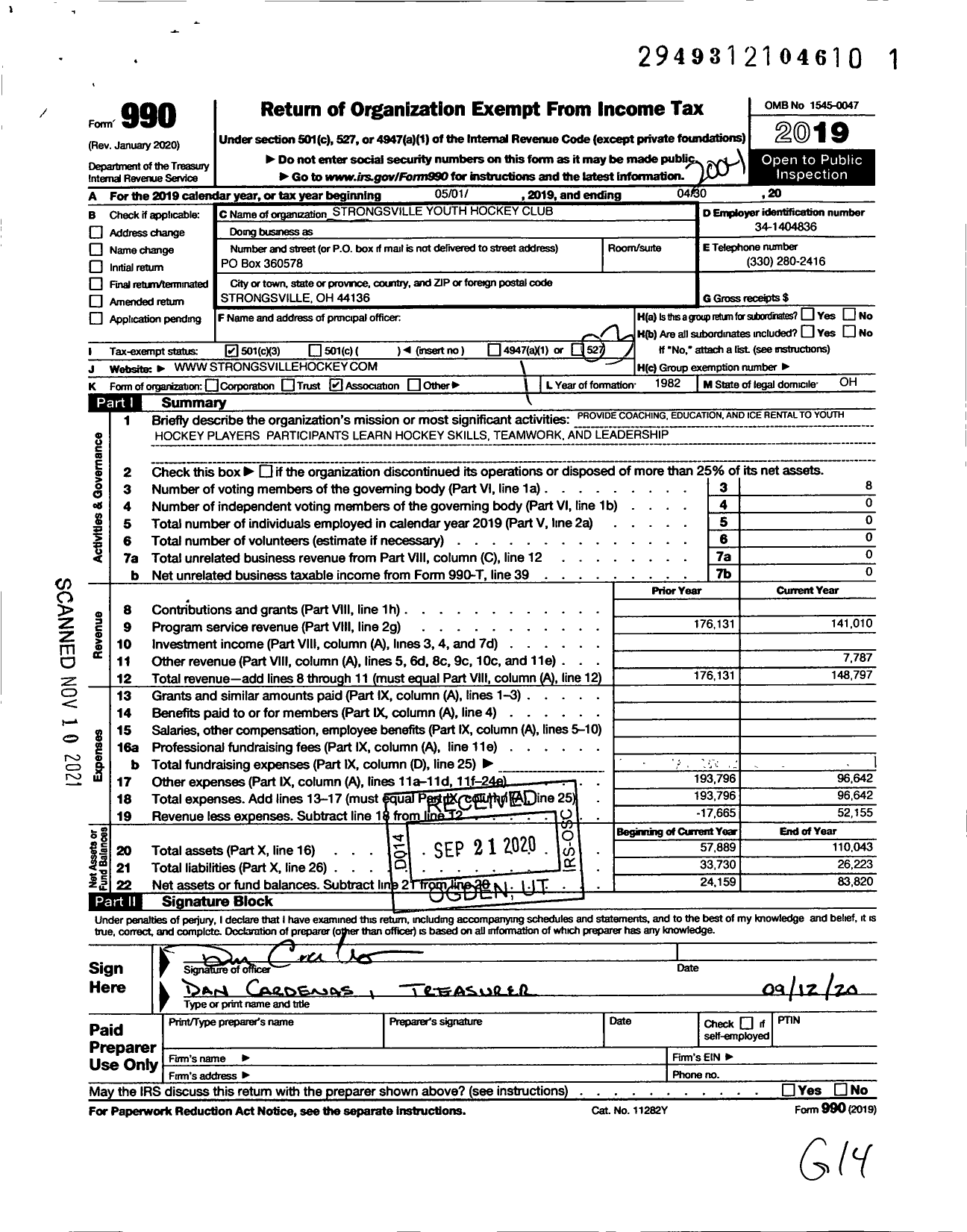 Image of first page of 2019 Form 990 for Strongsville Youth Hockey Club