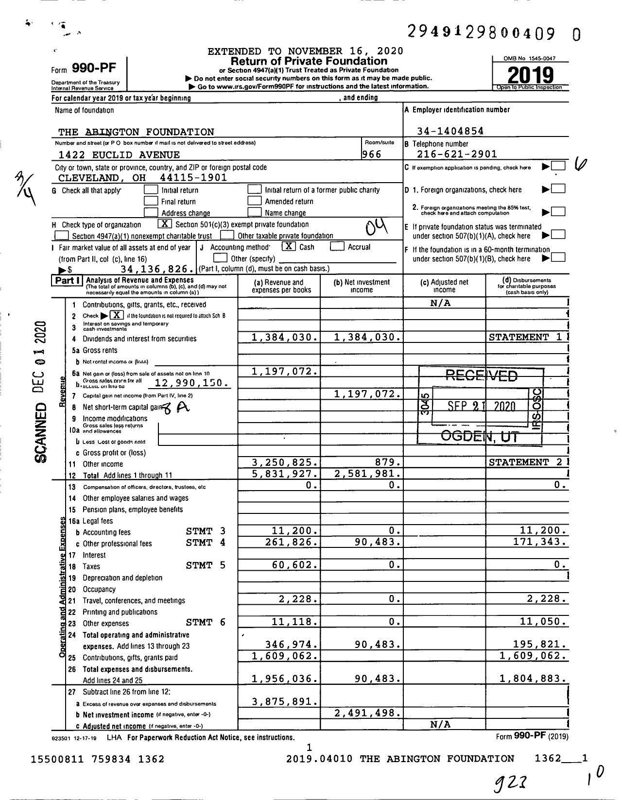 Image of first page of 2019 Form 990PF for The Abington Foundation