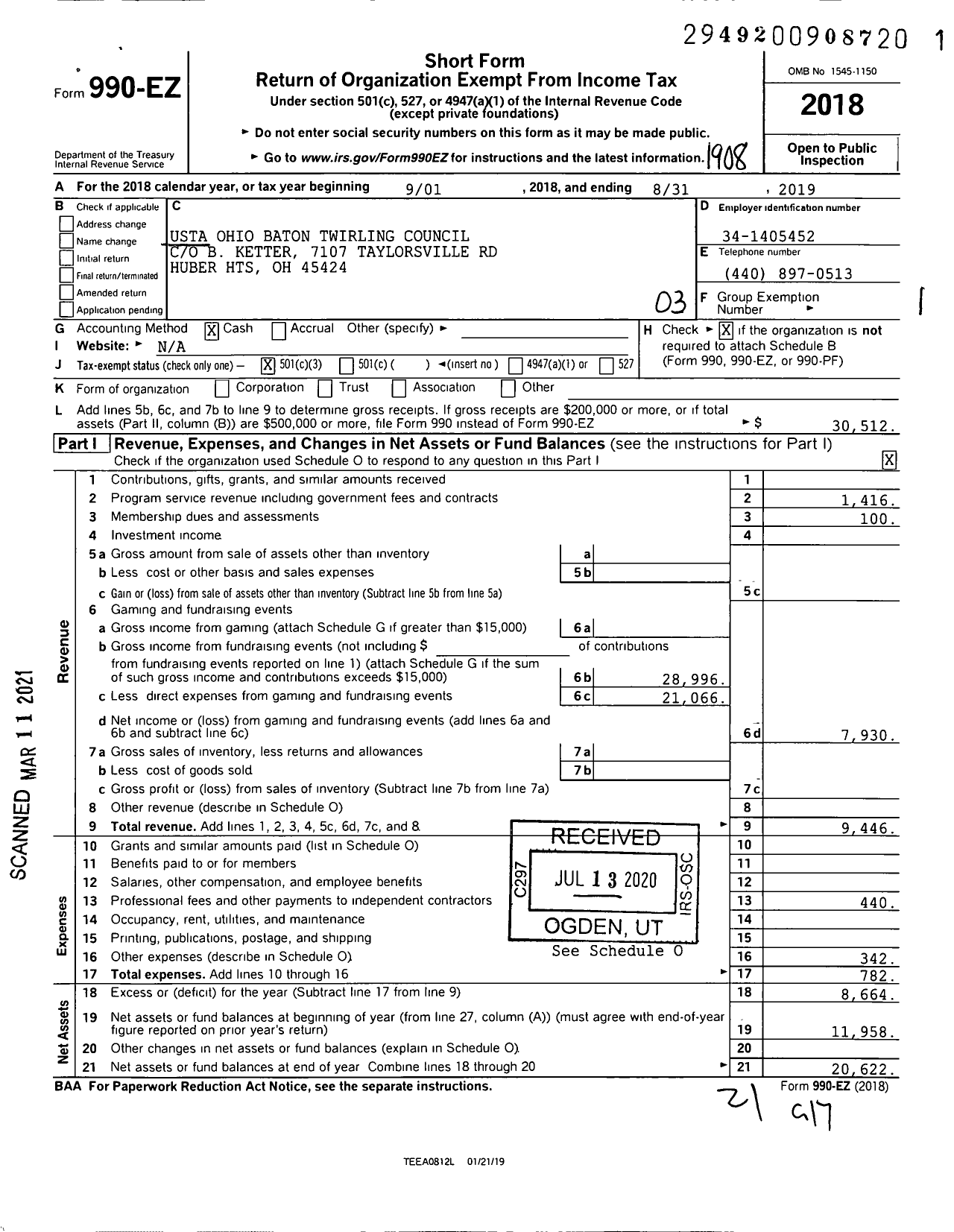 Image of first page of 2018 Form 990EZ for Usta Ohio Baton Twirling Council