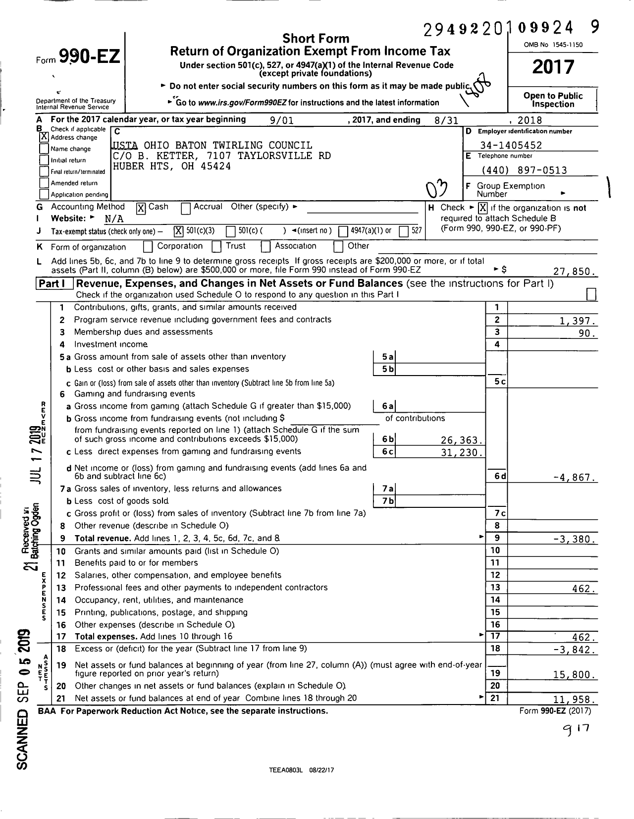 Image of first page of 2017 Form 990EZ for Usta Ohio Baton Twirling Council