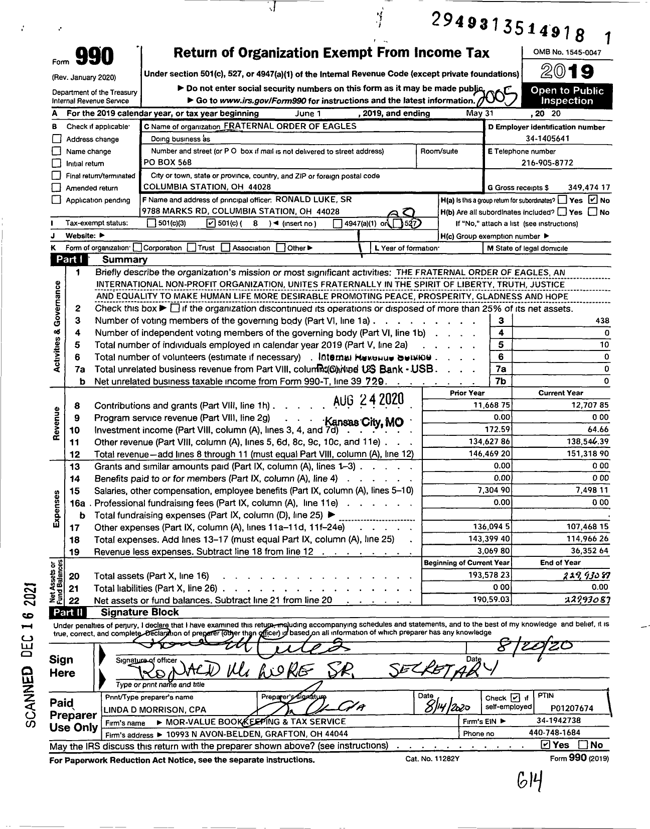 Image of first page of 2019 Form 990O for Fraternal Order of Eagles - 4003 Aerie