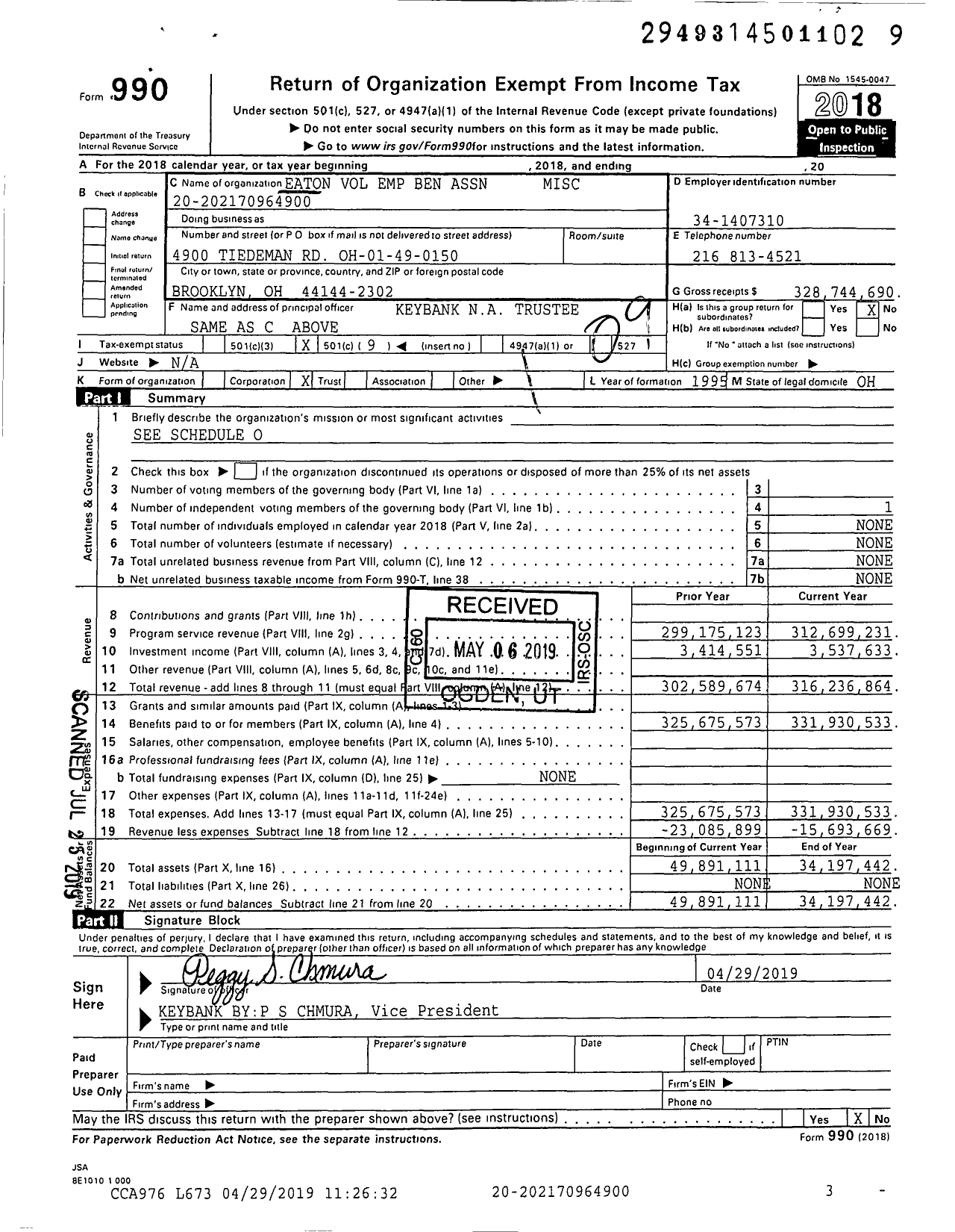 Image of first page of 2018 Form 990O for Eaton Corporation Voluntary Employee Beneficiary Association